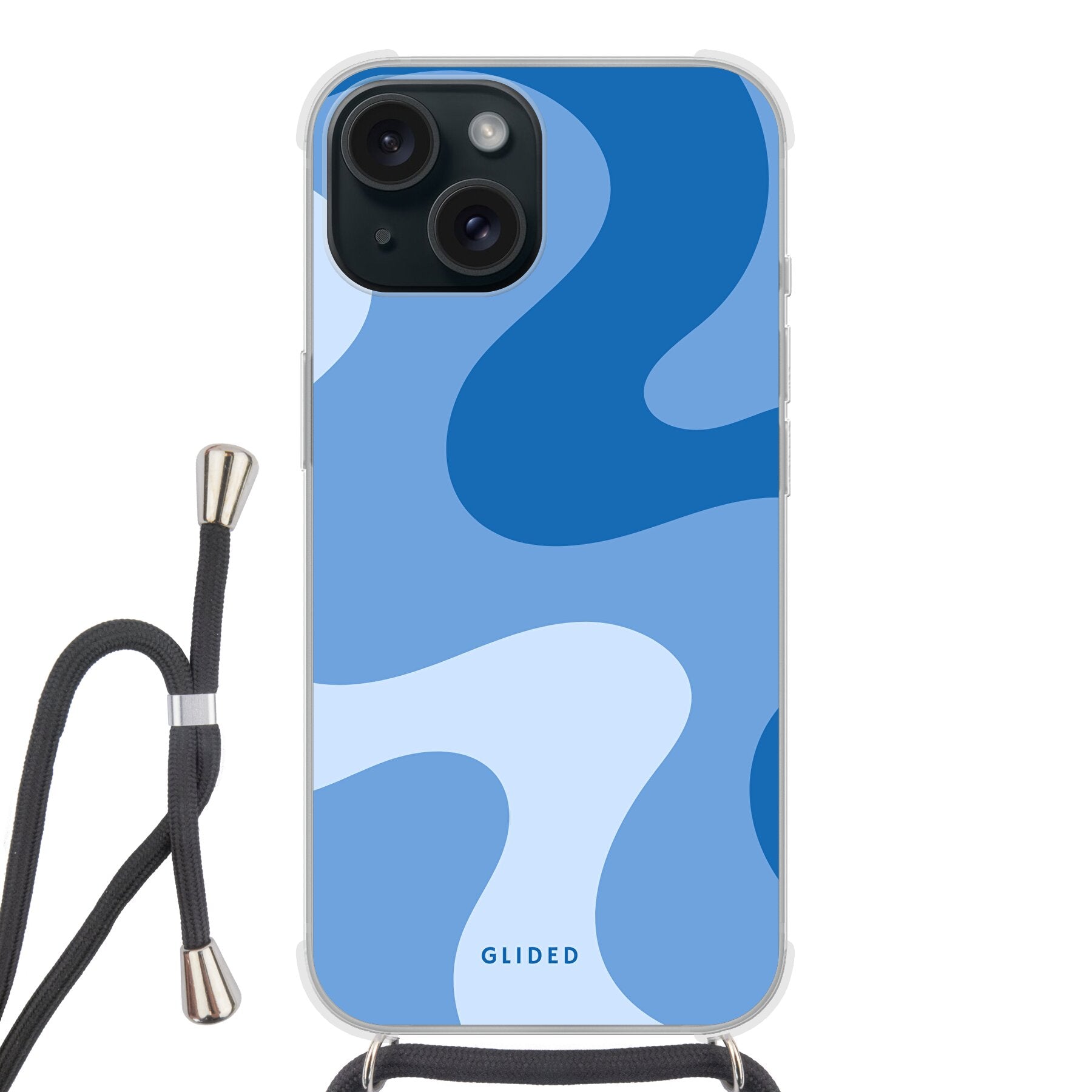 Blue Wave iPhone 15 Handyhülle mit abstraktem blauen Wellen-Design, bietet Schutz und Stil.
