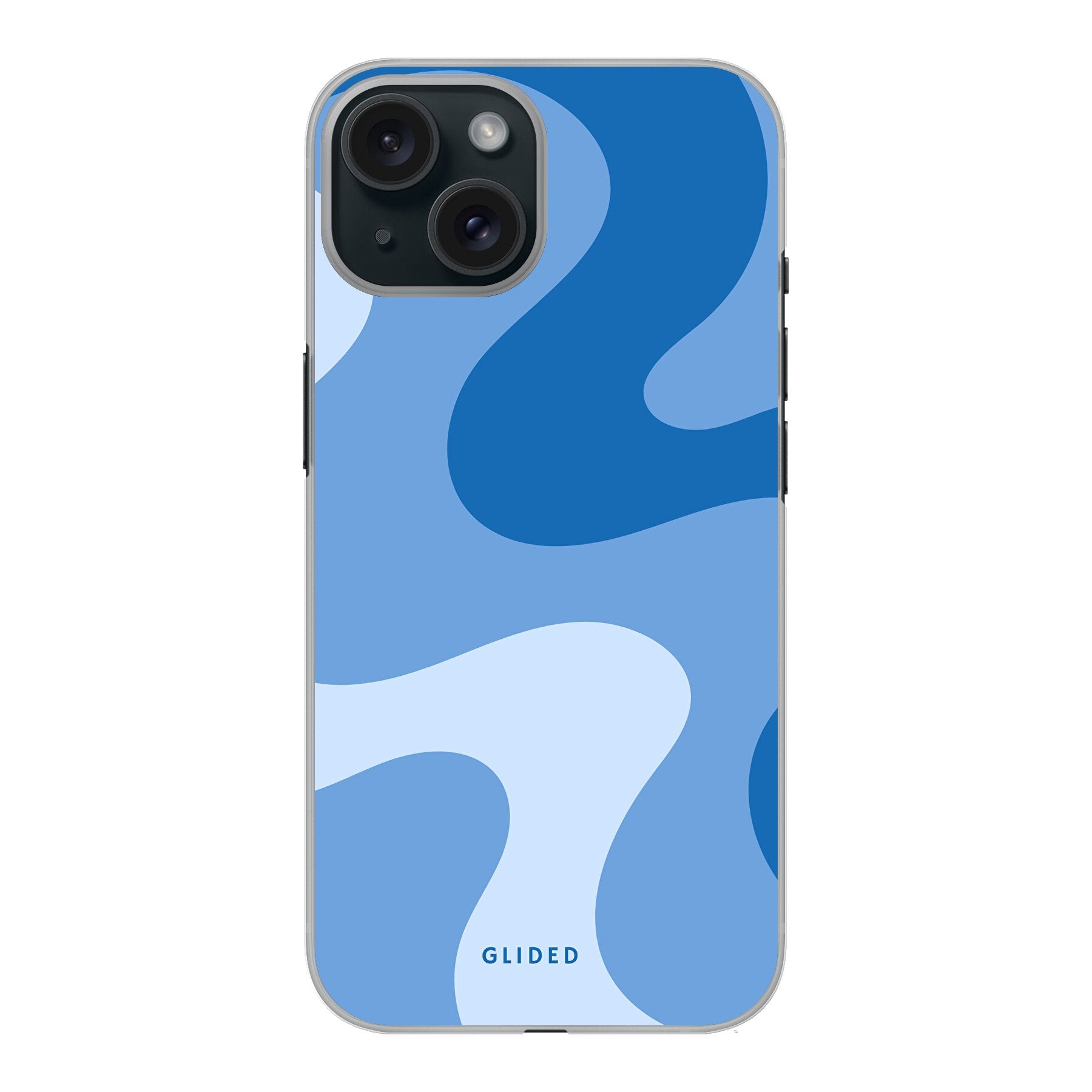 Blue Wave iPhone 15 Handyhülle mit abstraktem blauen Wellen-Design, bietet Schutz und Stil.
