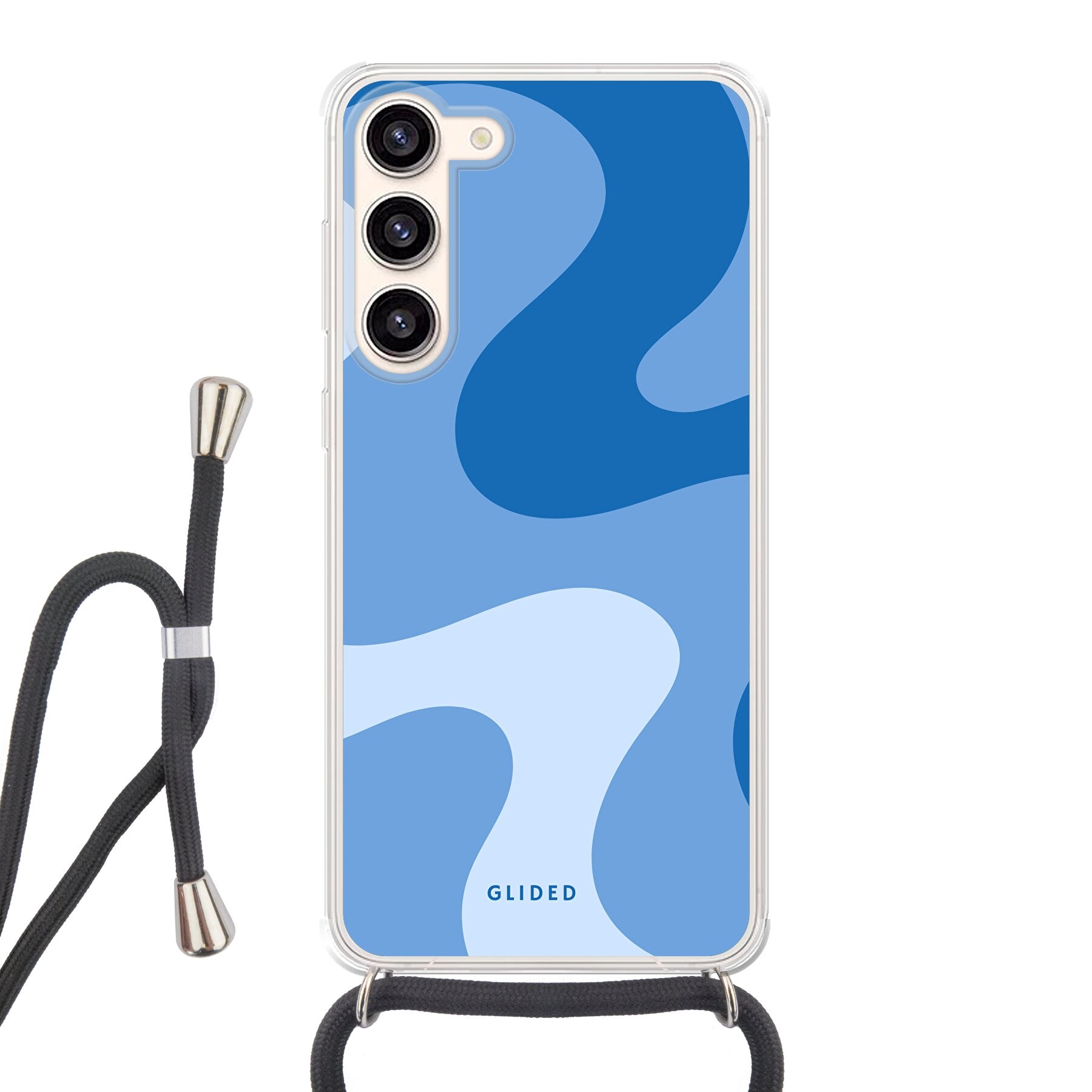 Blue Wave Handyhülle für Samsung Galaxy S23 Plus mit abstraktem blauen Wellenmuster, bietet stilvollen Schutz und dynamisches Design.