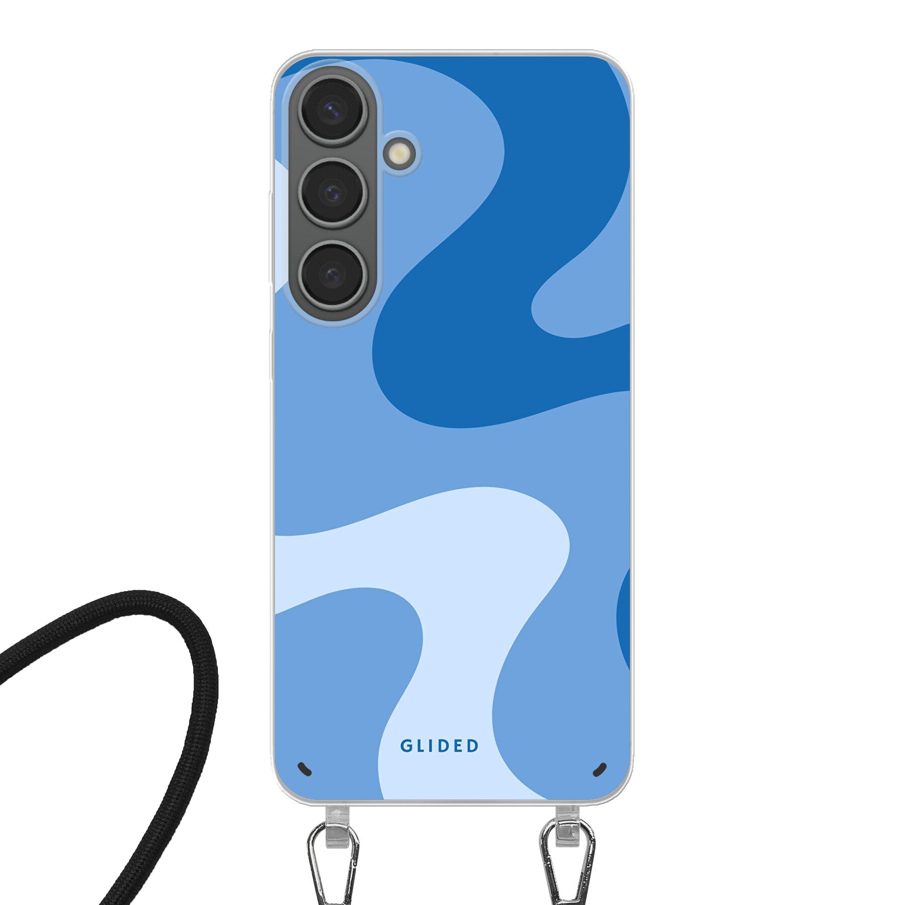 Blue Wave Handyhülle für Samsung Galaxy S24 Plus mit abstraktem blauen Wellenmuster, bietet stilvollen Schutz und dynamisches Design.