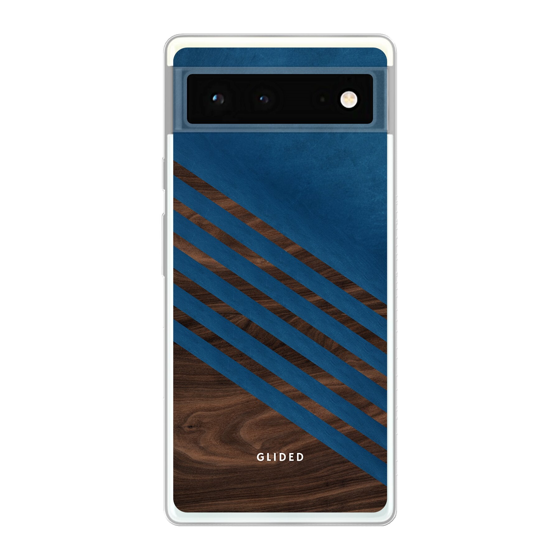 Blue Wood Handyhülle für Google Pixel 6 mit klassischem Holzmuster und dunkelblauem Farbblock, stilvoll und schützend.