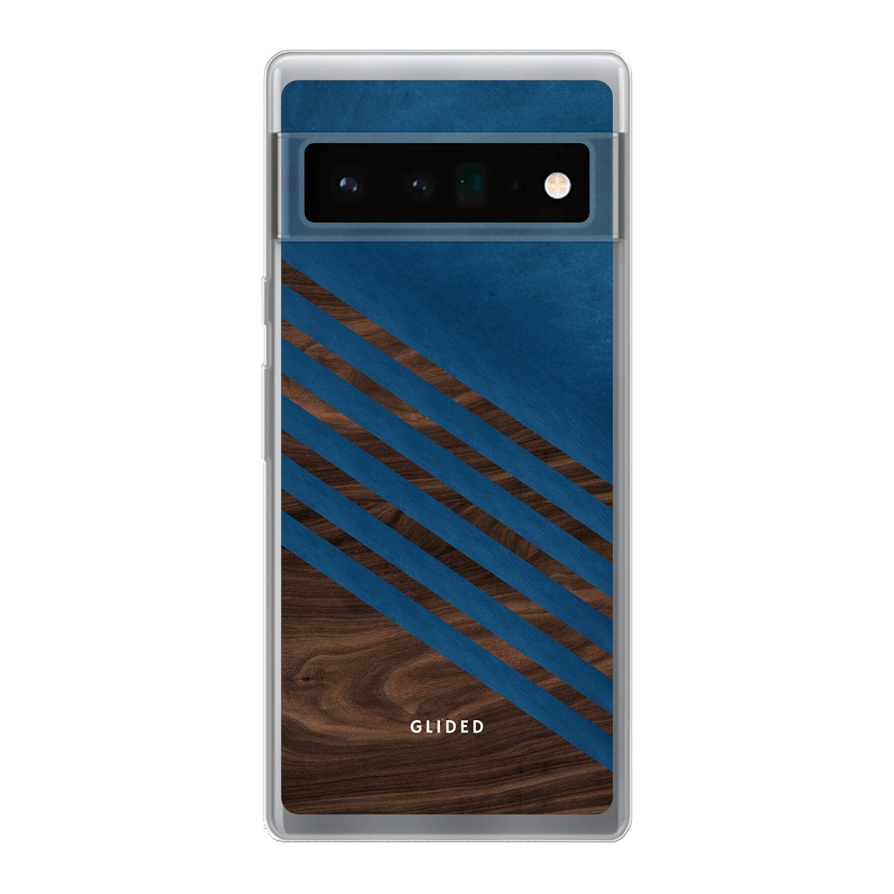Blue Wood Handyhülle für Google Pixel 6 Pro mit klassischem Holzmuster und dunkelblauem Farbblock, idealer Schutz und stilvolles Design.