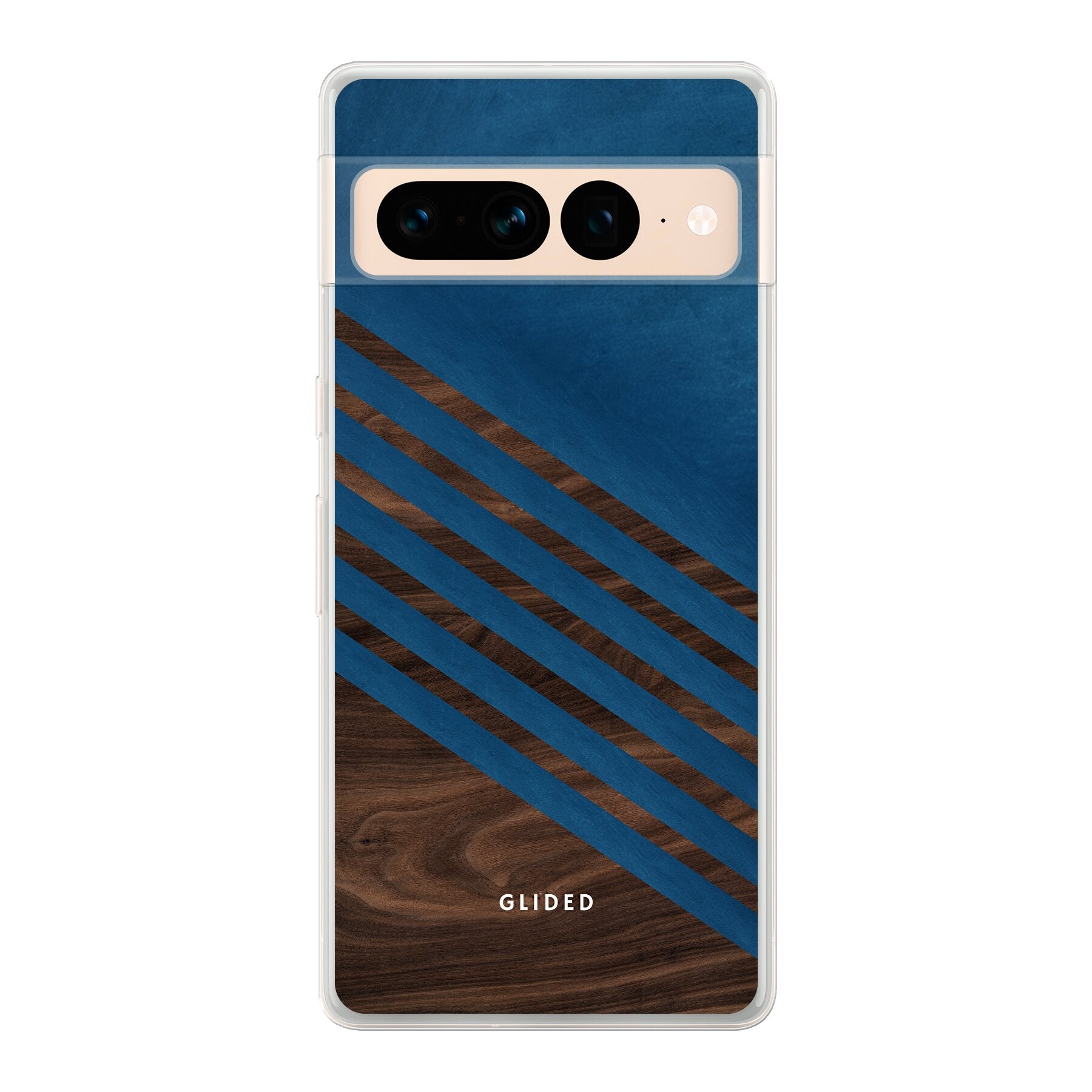 Blue Wood Handyhülle für Google Pixel 7 Pro mit klassischem Holzmuster und dunkelblauem Farbblock, stilvoll und schützend.