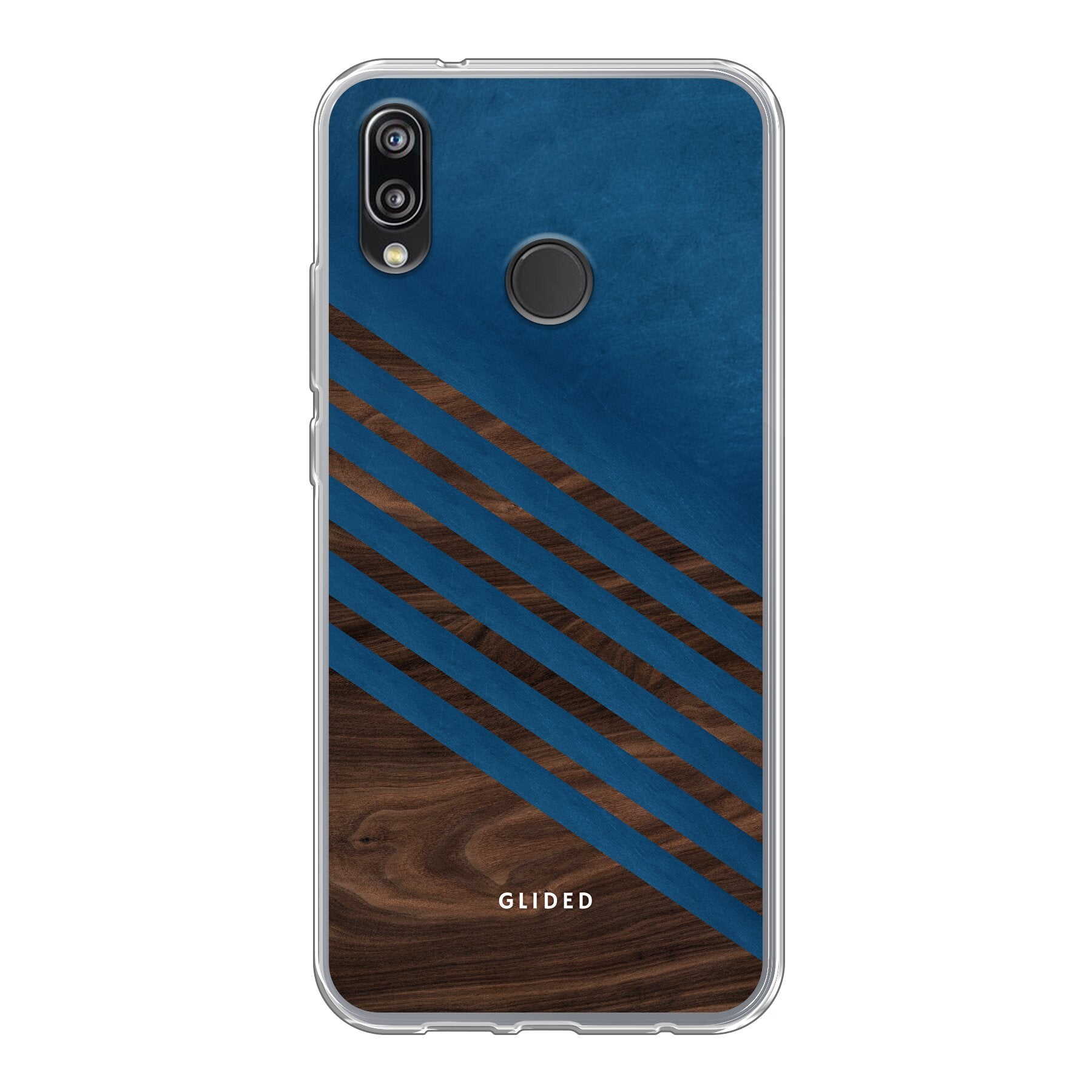 Blue Wood Handyhülle für Huawei P20 Lite mit klassischem Holzmuster und dunkelblauem Farbblock, stilvoll und schützend.
