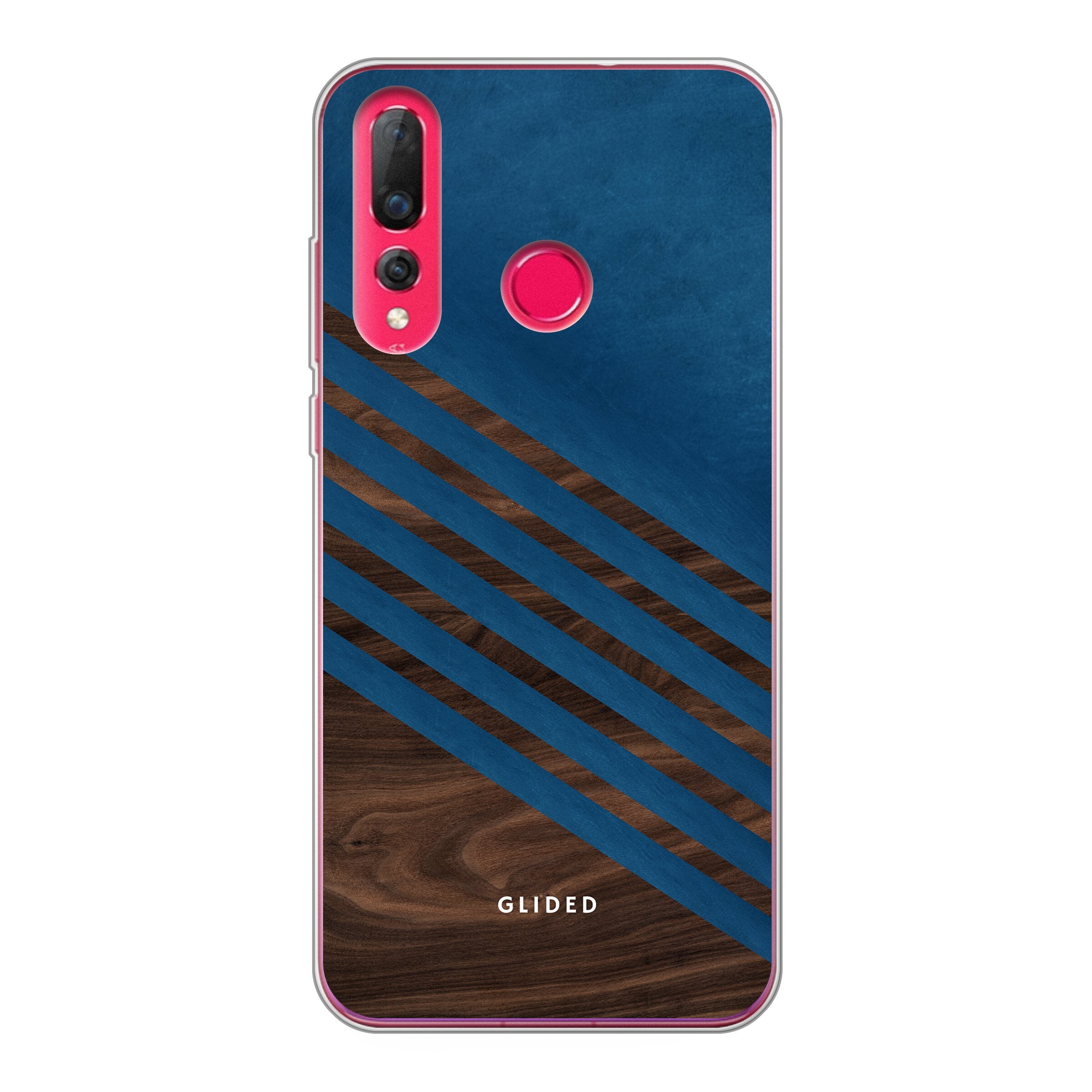 Blue Wood Handyhülle für Huawei P30 Lite mit klassischem Holzmuster und dunkelblauem Farbblock, stilvoll und schützend.