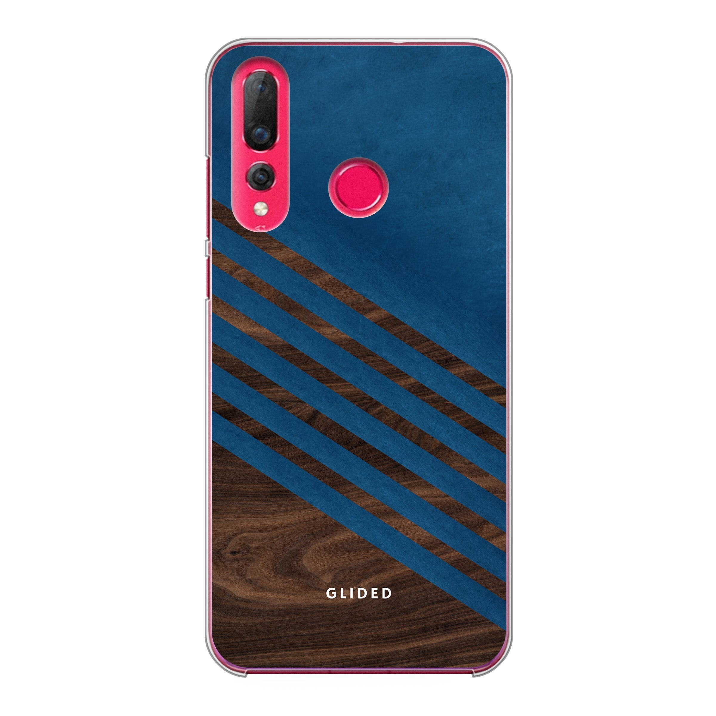 Blue Wood Handyhülle für Huawei P30 Lite mit klassischem Holzmuster und dunkelblauem Farbblock, stilvoll und schützend.