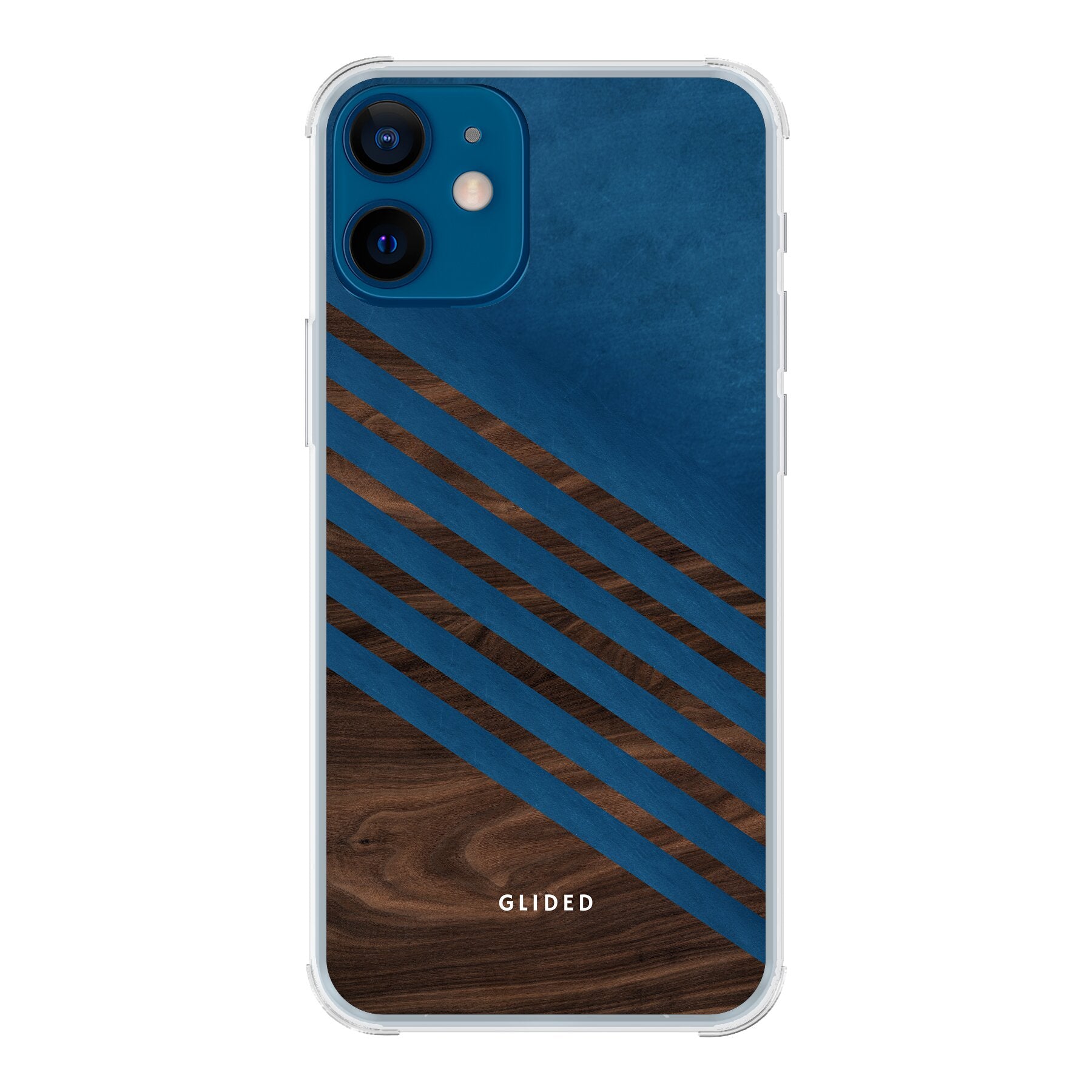 Blue Wood Handyhülle für iPhone 12 mini mit klassischem Holzmuster und dunkelblauem Farbblock, stilvoll und schützend.