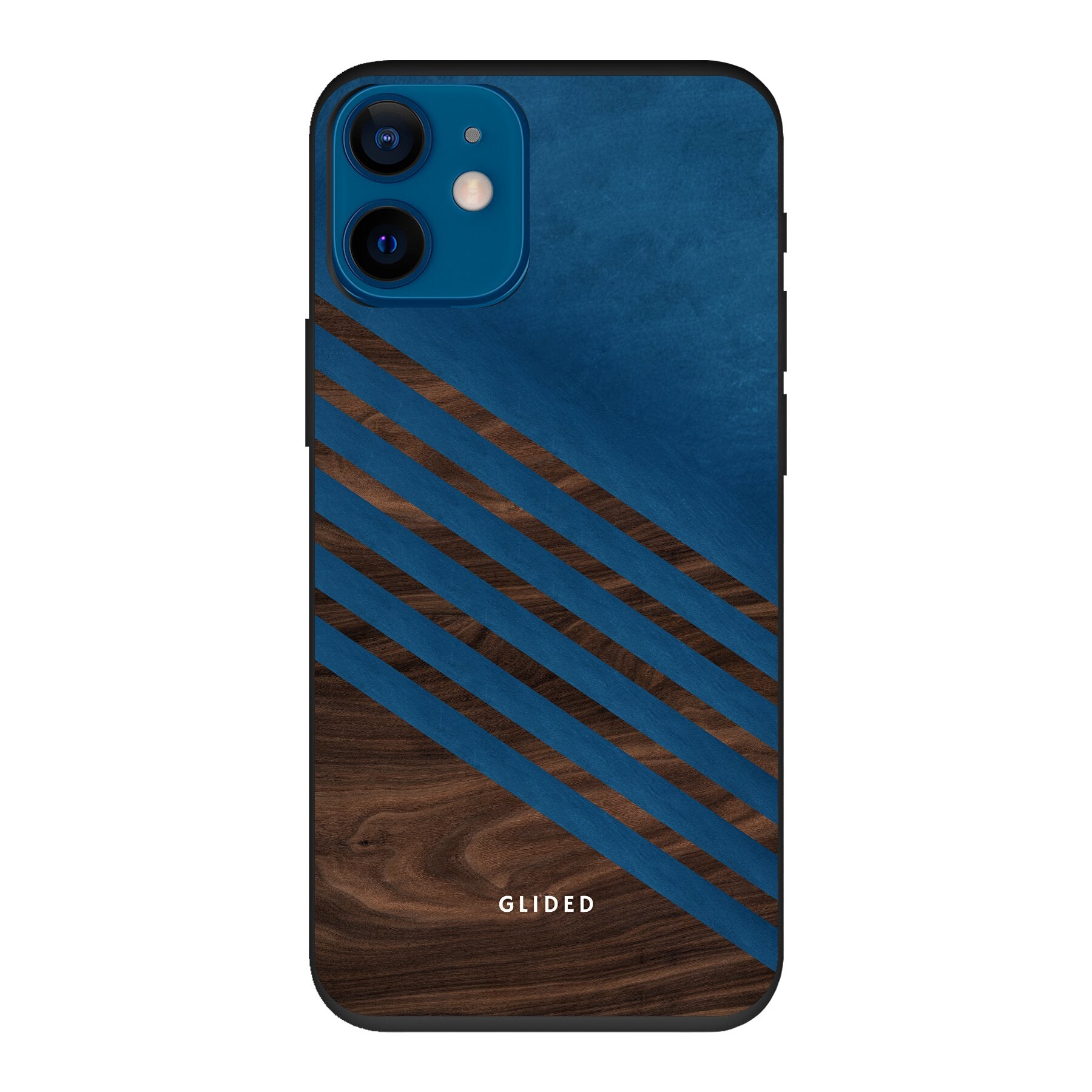 Blue Wood Handyhülle für iPhone 12 mini mit klassischem Holzmuster und dunkelblauem Farbblock, stilvoll und schützend.