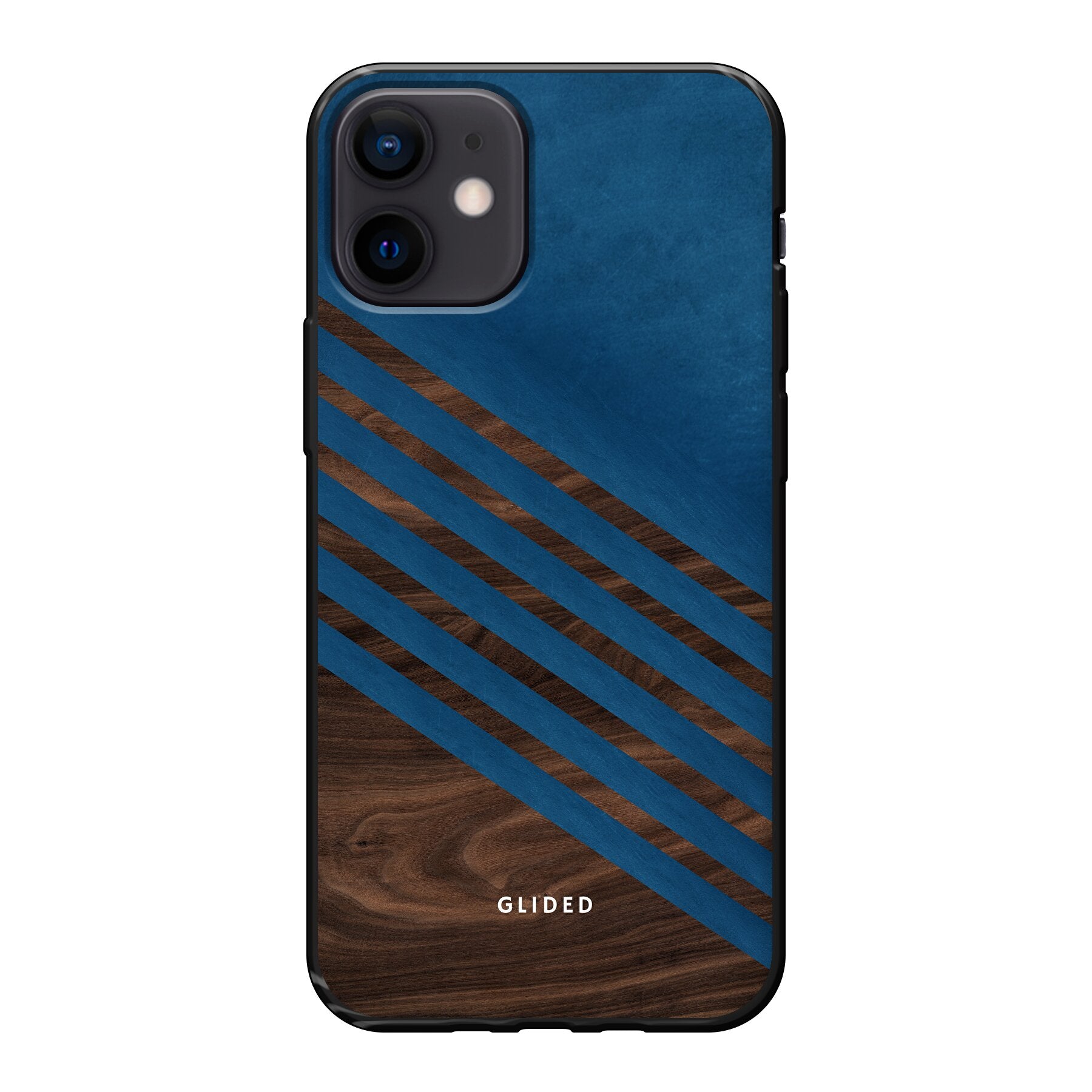Blue Wood Handyhülle für iPhone 12 mini mit klassischem Holzmuster und dunkelblauem Farbblock, stilvoll und schützend.