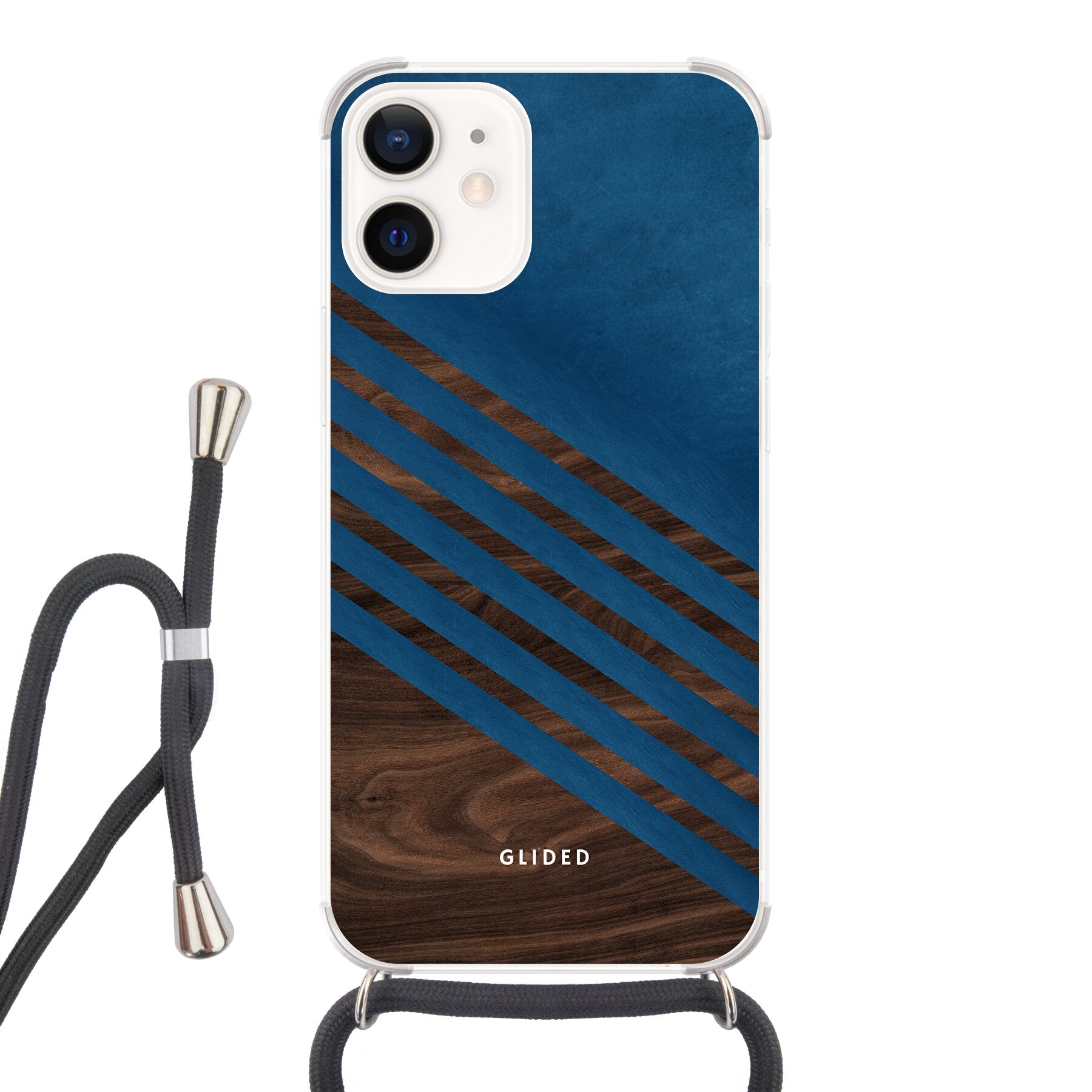 Blue Wood Handyhülle für iPhone 12 mini mit klassischem Holzmuster und dunkelblauem Farbblock, stilvoll und schützend.