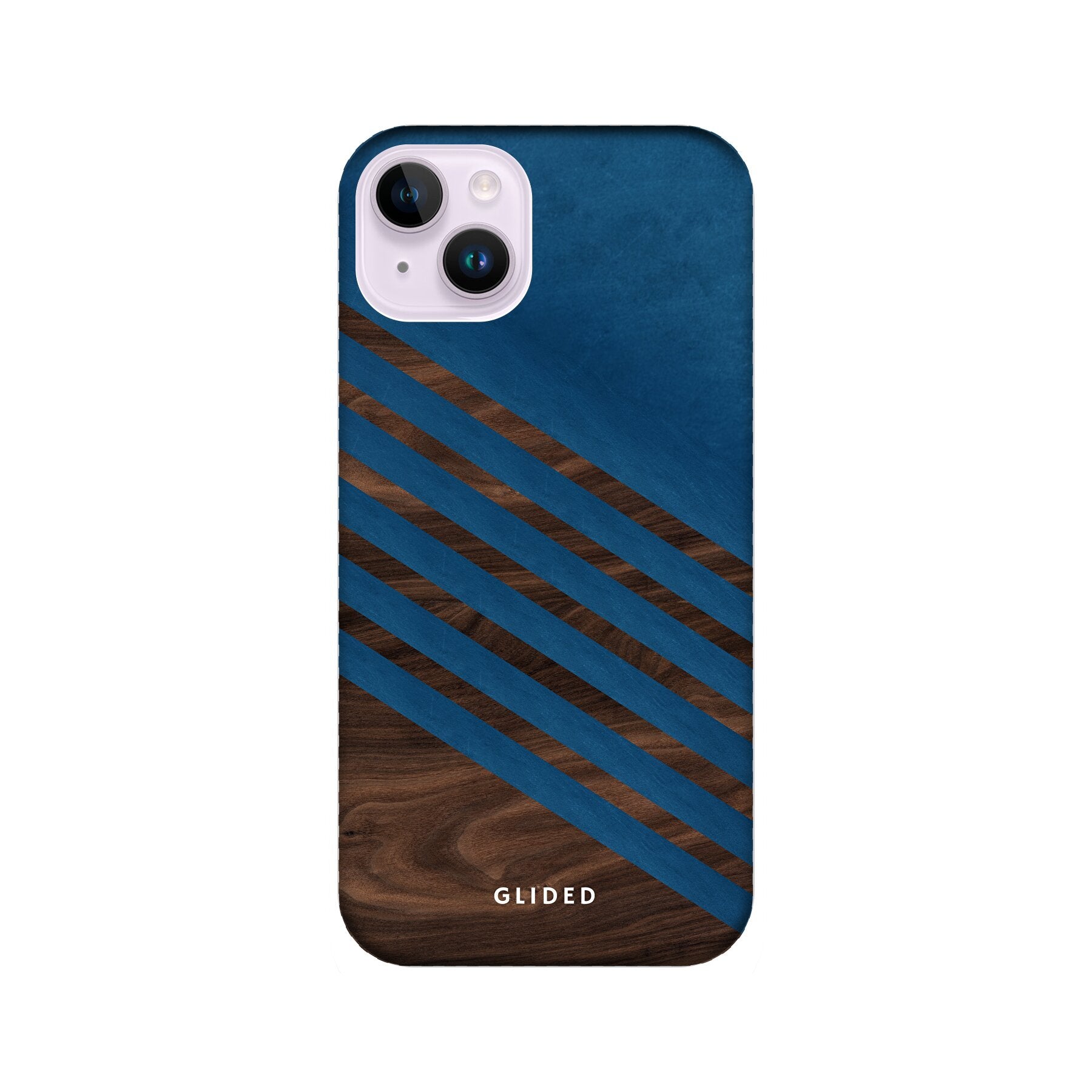 Blue Wood Handyhülle für iPhone 14 Plus mit klassischem Holzmuster und dunkelblauem Farbblock, stilvoll und schützend.