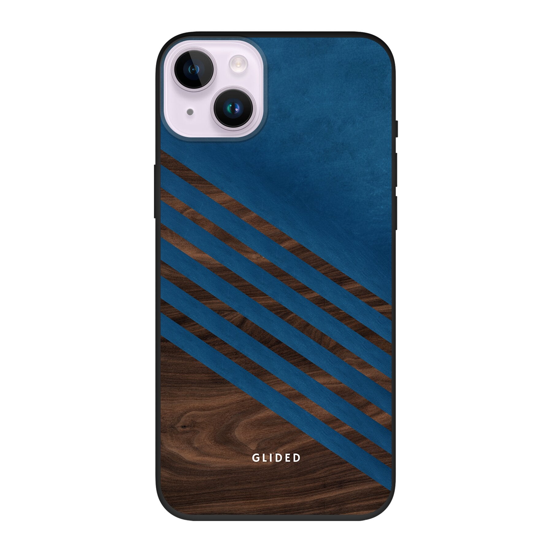 Blue Wood Handyhülle für iPhone 14 Plus mit klassischem Holzmuster und dunkelblauem Farbblock, stilvoll und schützend.