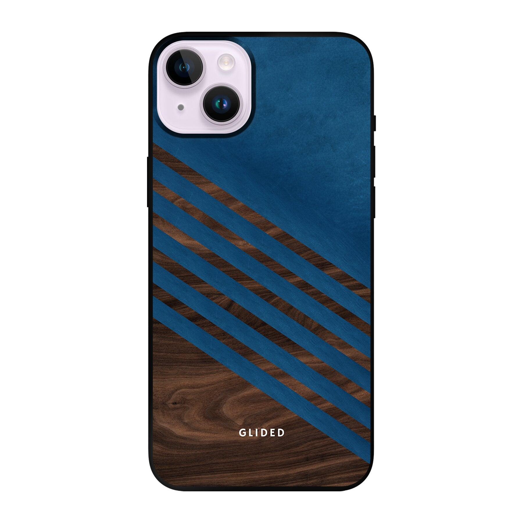 Blue Wood Handyhülle für iPhone 14 Plus mit klassischem Holzmuster und dunkelblauem Farbblock, stilvoll und schützend.
