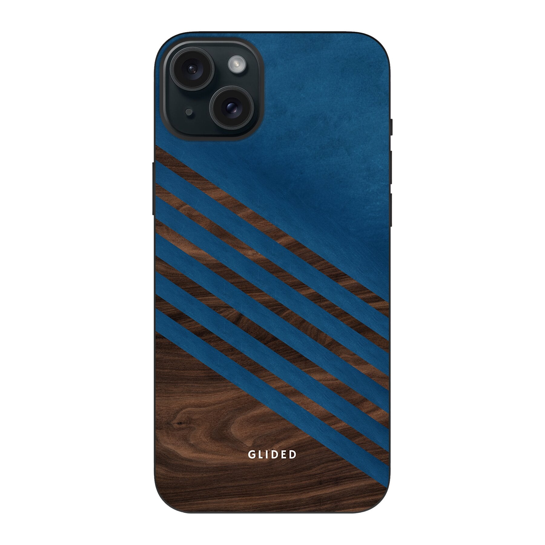 Blue Wood Handyhülle für iPhone 15 Plus mit klassischem Holzmuster und dunkelblauem Farbblock, stilvoll und schützend.