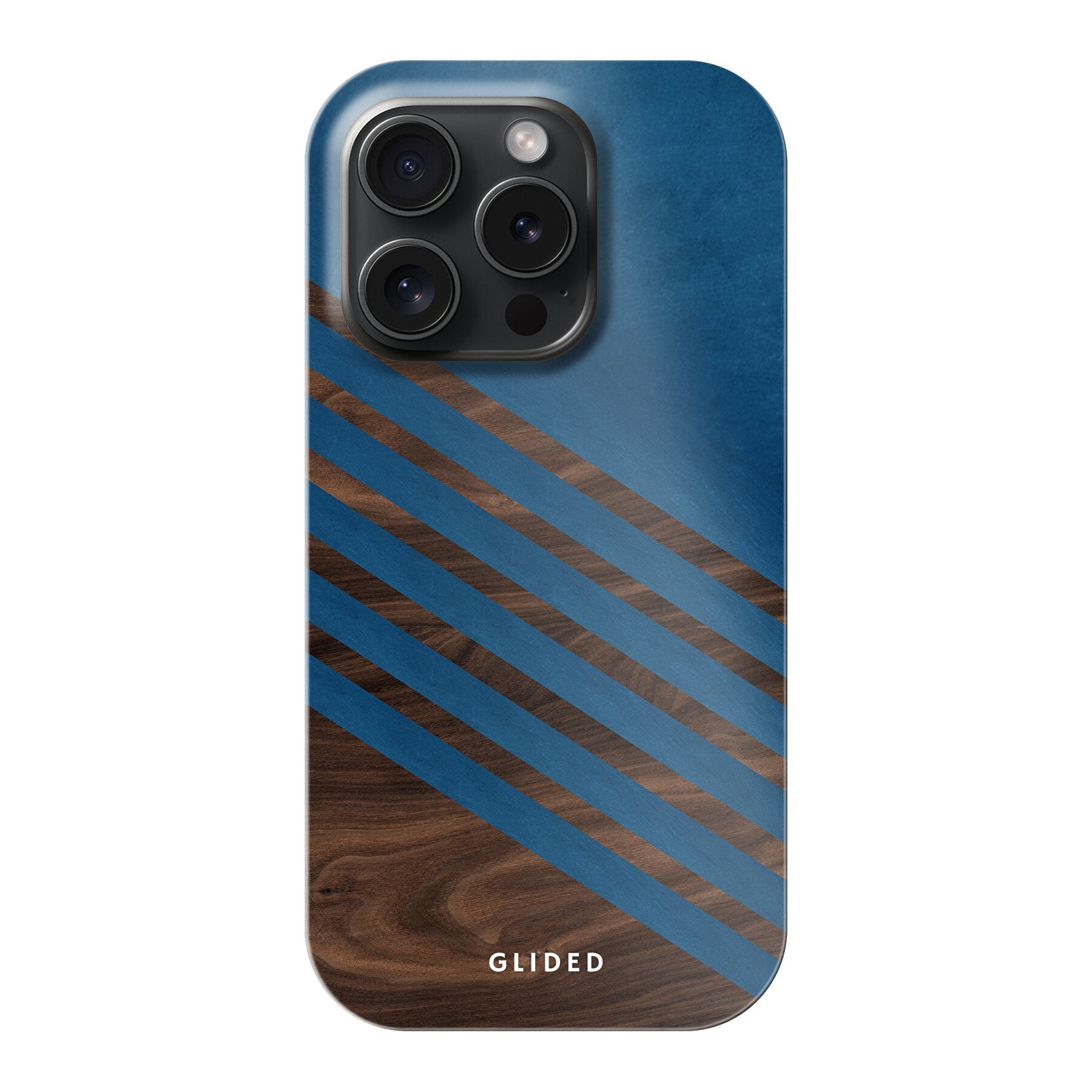 Blue Wood Handyhülle für iPhone 15 Pro mit klassischem Holzmuster und dunkelblauem Farbblock, stilvoll und schützend.