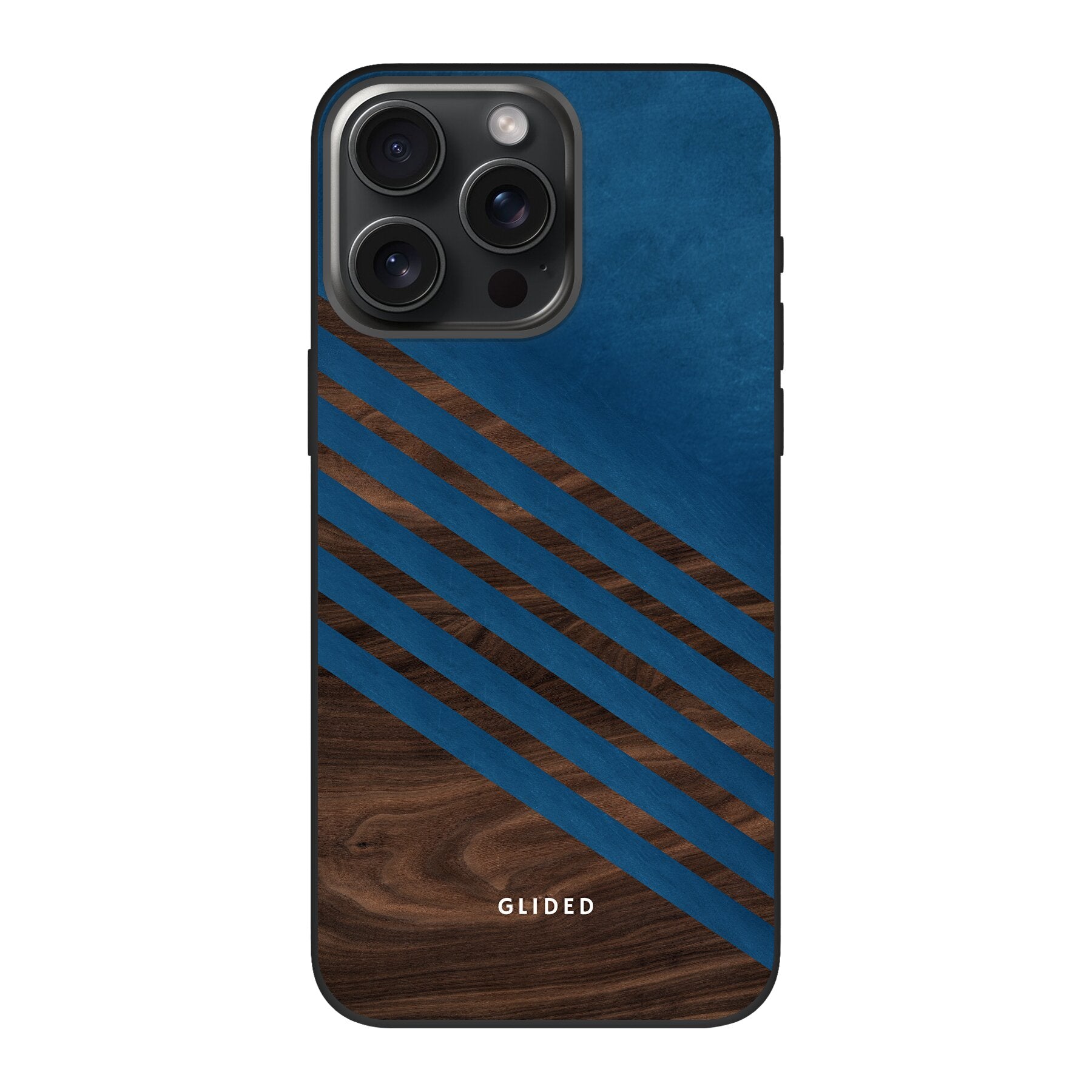 Blue Wood Handyhülle für iPhone 15 Pro mit klassischem Holzmuster und dunkelblauem Farbblock, stilvoll und schützend.