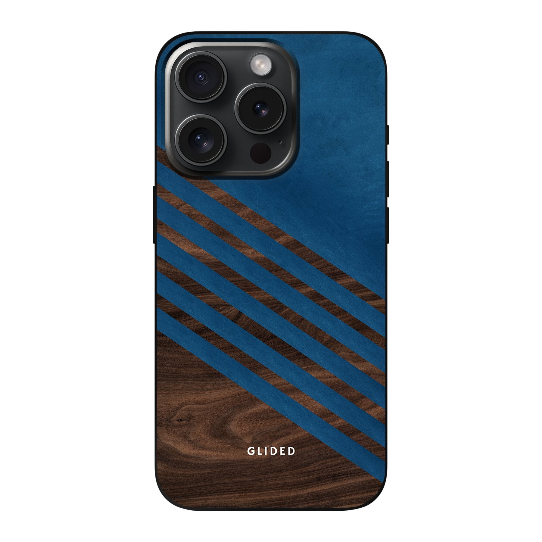 Blue Wood Handyhülle für iPhone 15 Pro mit klassischem Holzmuster und dunkelblauem Farbblock, stilvoll und schützend.