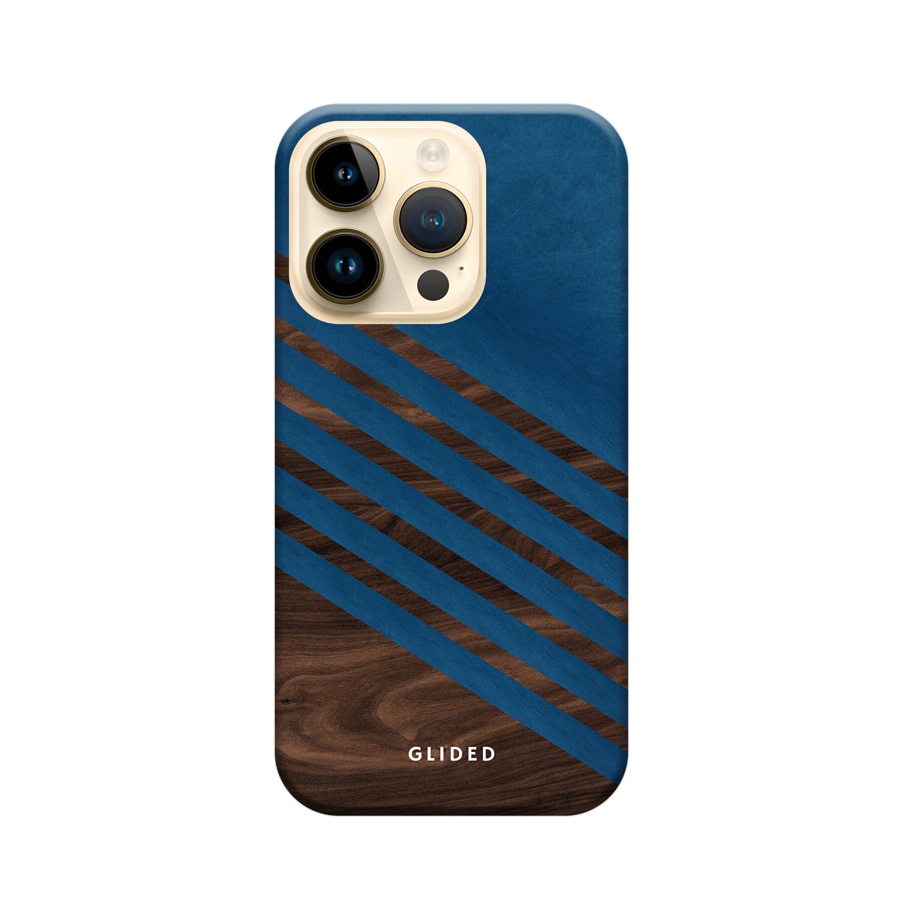 Blue Wood Handyhülle für iPhone 15 Pro mit klassischem Holzmuster und dunkelblauem Farbblock, stilvoll und schützend.