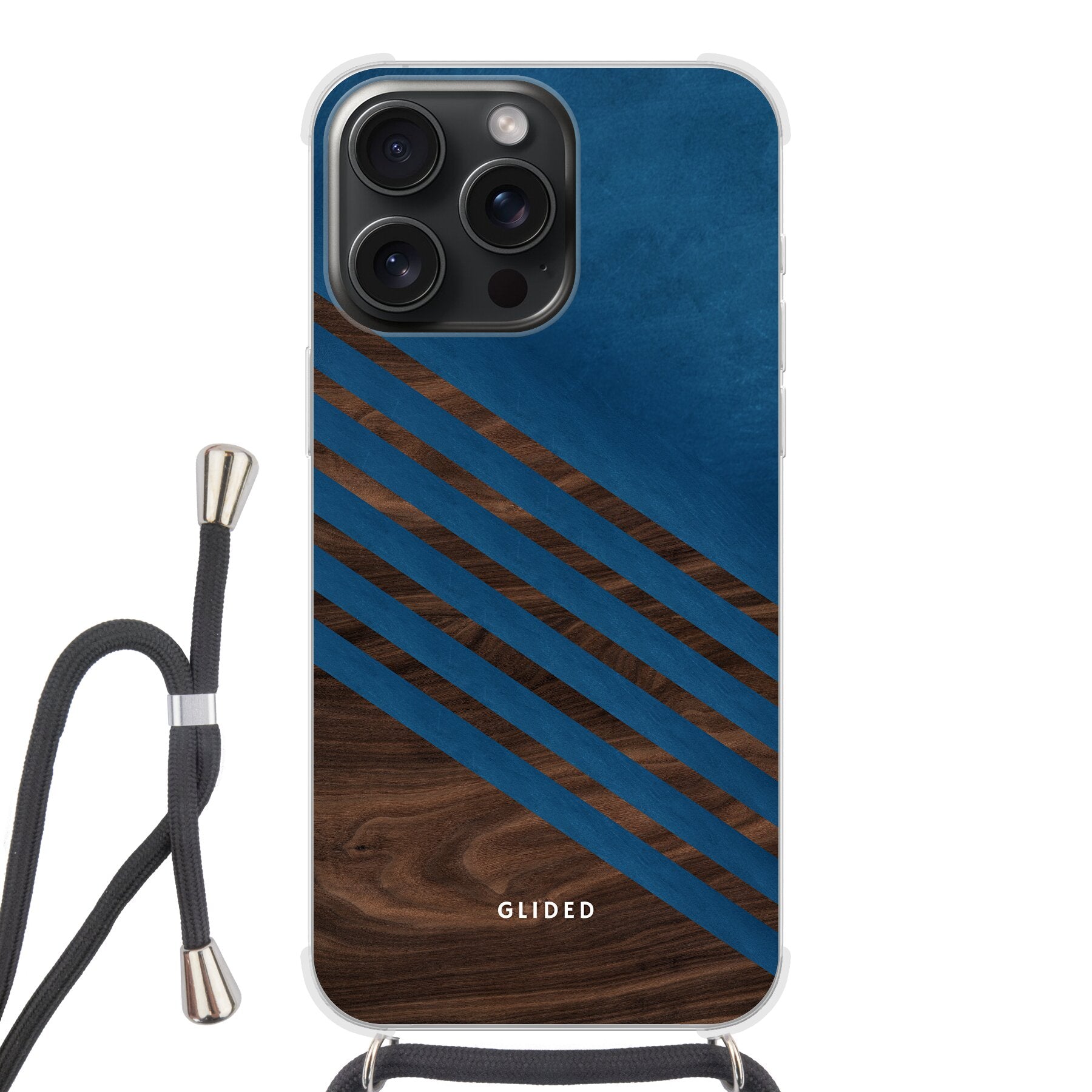 Blue Wood Handyhülle für iPhone 15 Pro mit klassischem Holzmuster und dunkelblauem Farbblock, stilvoll und schützend.