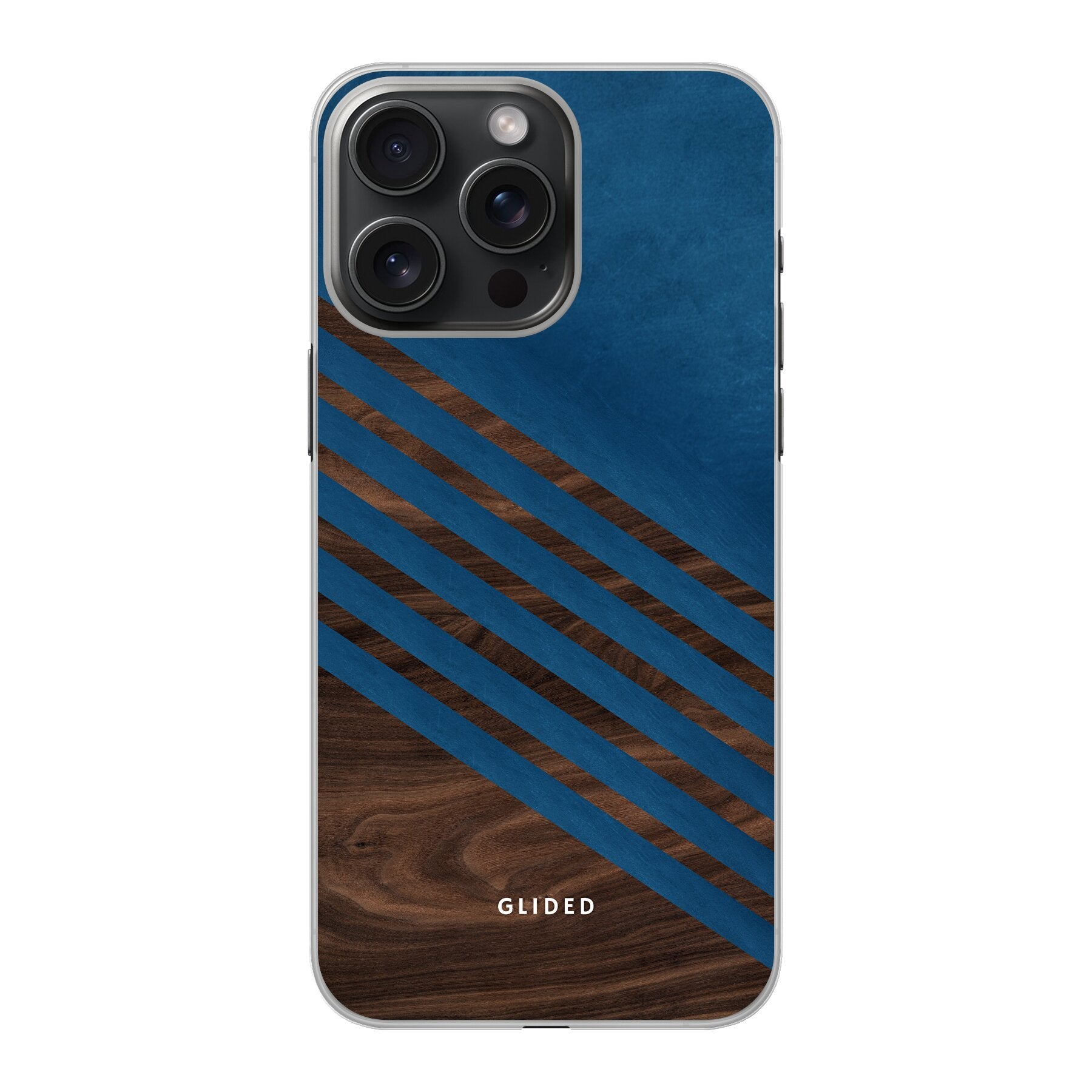 Blue Wood Handyhülle für iPhone 15 Pro mit klassischem Holzmuster und dunkelblauem Farbblock, stilvoll und schützend.
