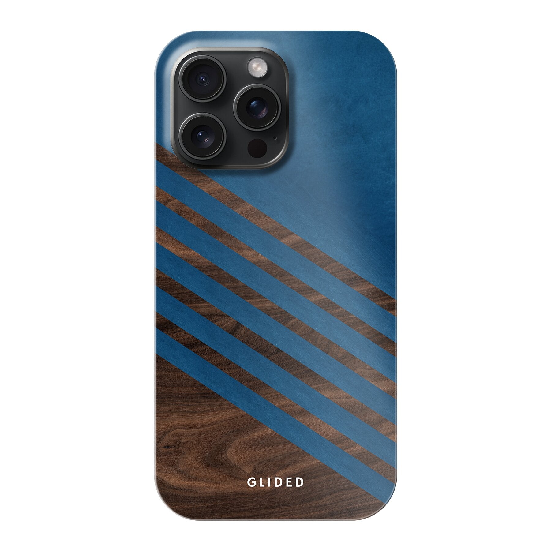 Blue Wood Handyhülle für iPhone 15 Pro Max mit klassischem Holzmuster und dunkelblauem Farbblock, stilvoll und schützend.
