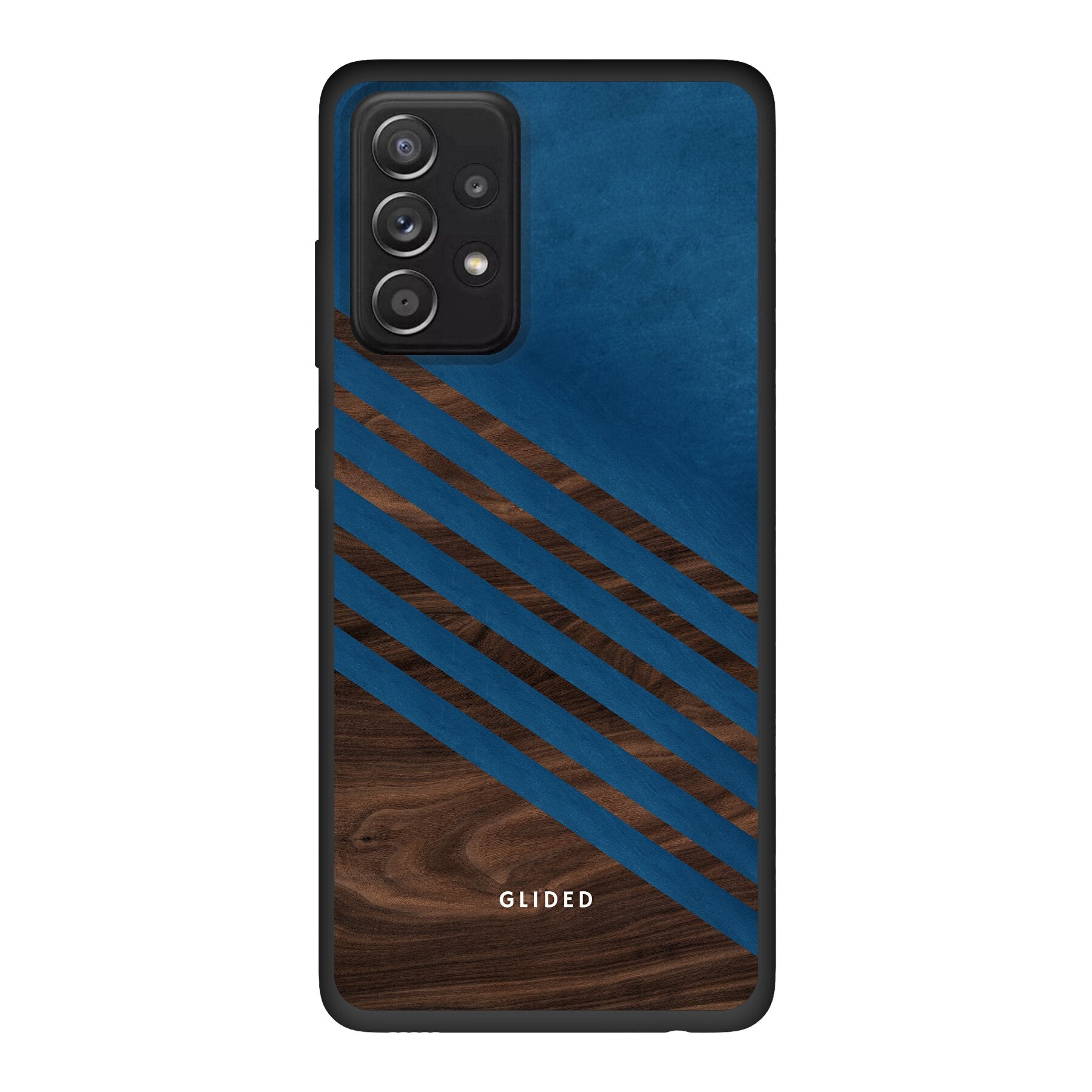 Blue Wood Handyhülle für Samsung Galaxy A52, A52 5G und A52s 5G mit klassischem Holzmuster und dunkelblauen Farbblock.