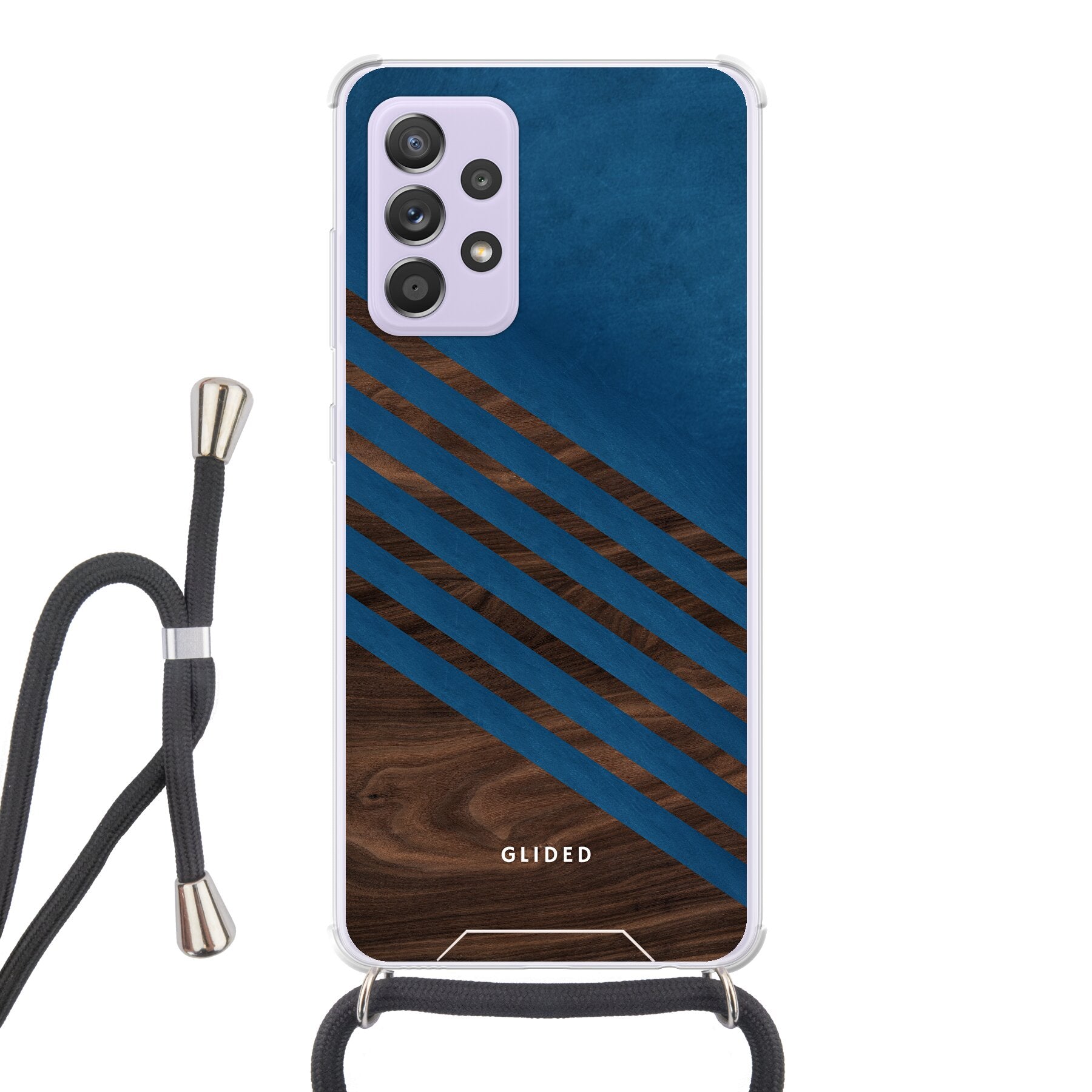 Blue Wood Handyhülle für Samsung Galaxy A52, A52 5G und A52s 5G mit klassischem Holzmuster und dunkelblauen Farbblock.