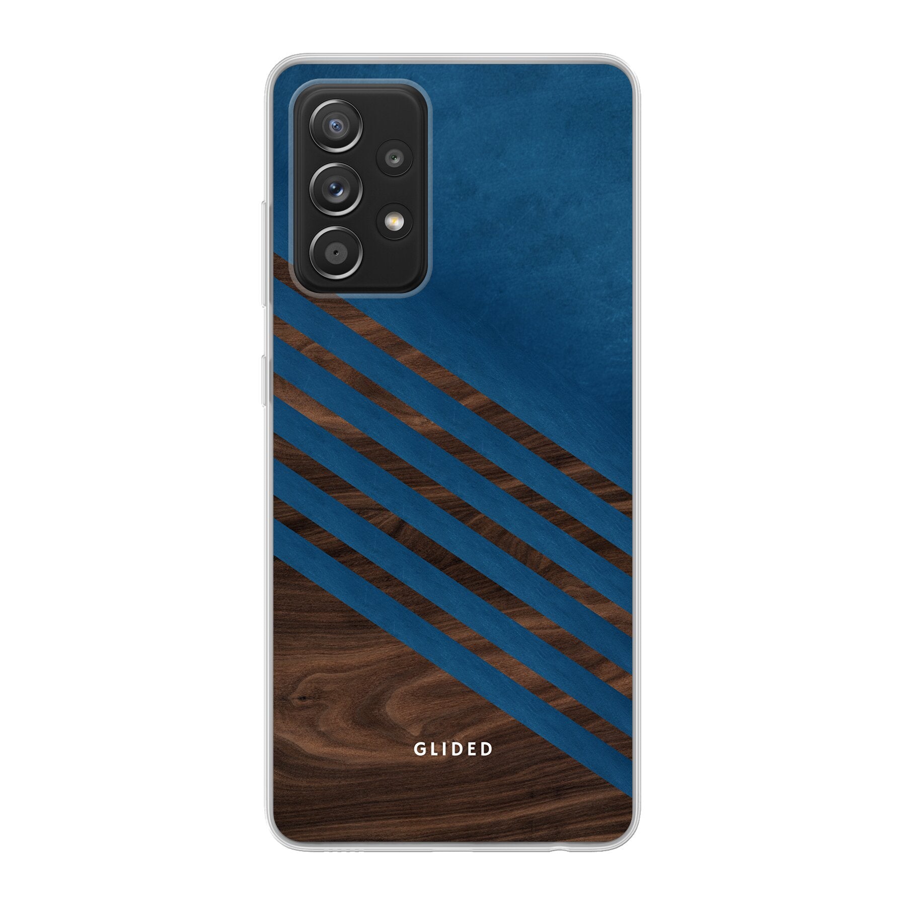 Blue Wood Handyhülle für Samsung Galaxy A52, A52 5G und A52s 5G mit klassischem Holzmuster und dunkelblauen Farbblock.