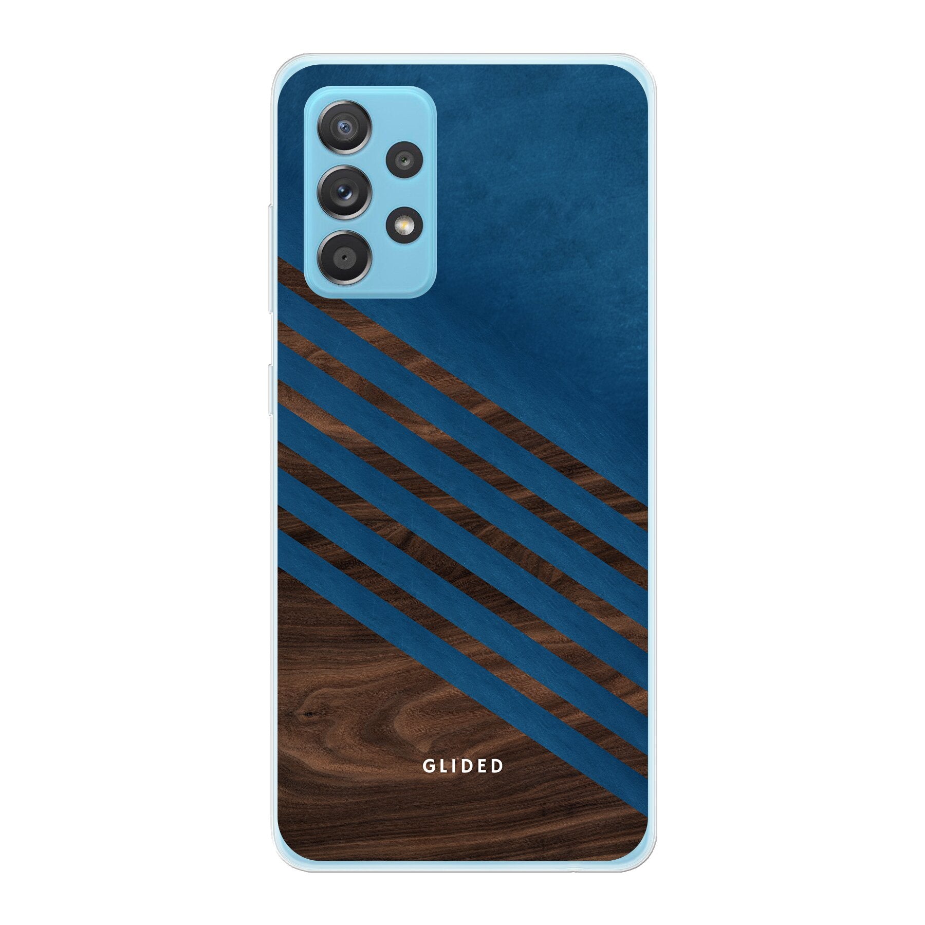 Blue Wood Handyhülle für Samsung Galaxy A53 5G mit klassischem Holzmuster und dunkelblauem Farbblock, stilvoll und schützend.