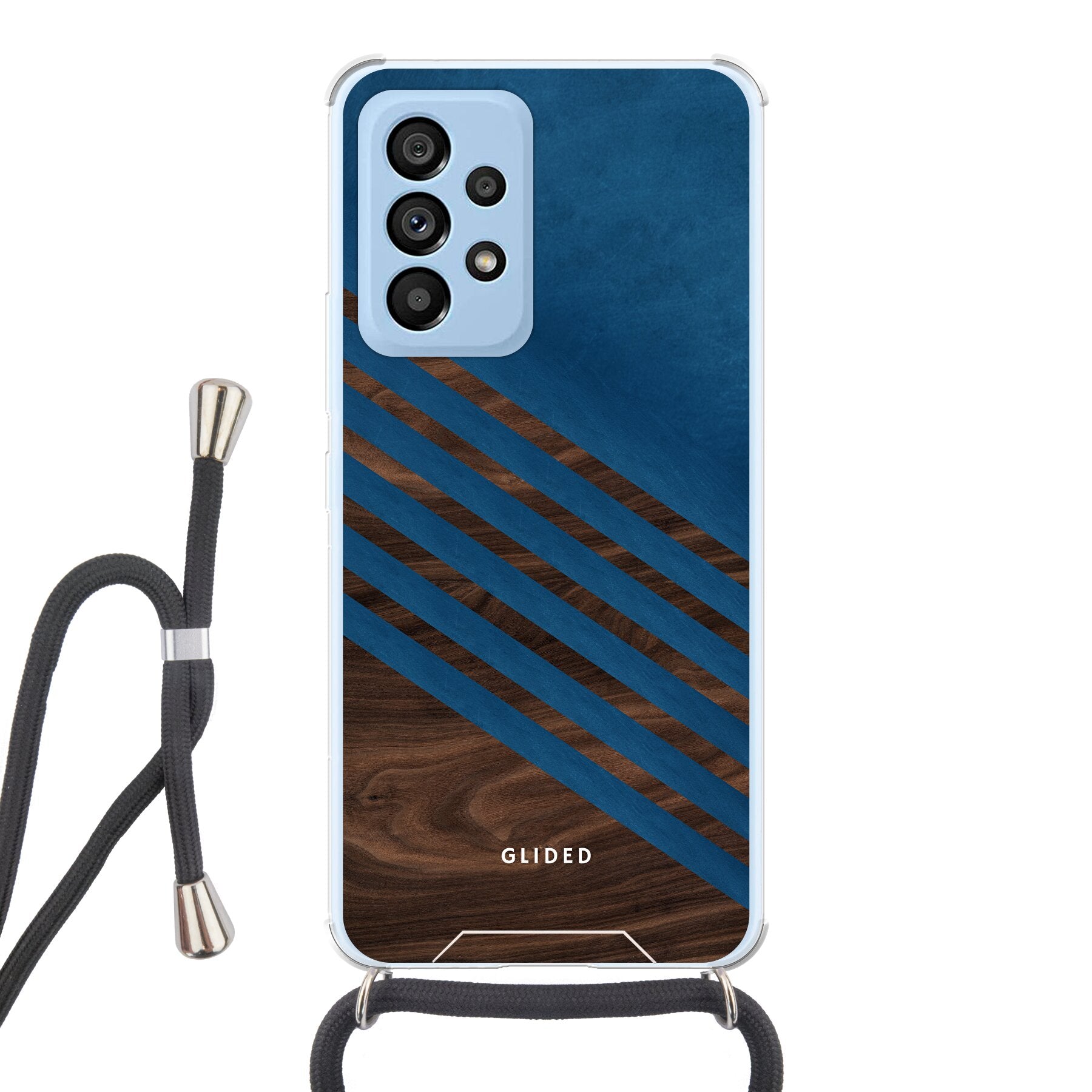 Blue Wood Handyhülle für Samsung Galaxy A53 5G mit klassischem Holzmuster und dunkelblauem Farbblock, stilvoll und schützend.