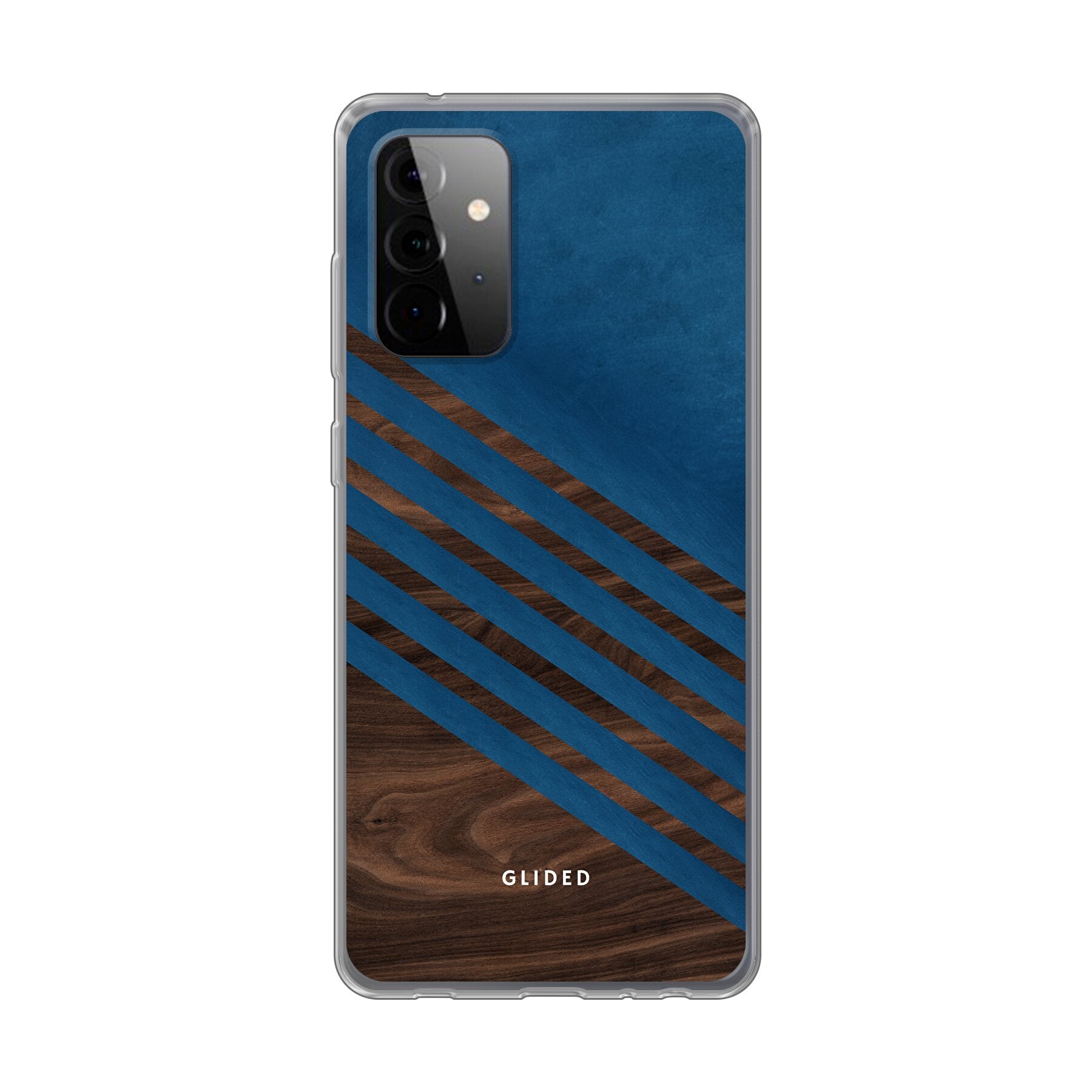 Blue Wood Handyhülle für Samsung Galaxy A72 5G mit klassischem Holzmuster und dunkelblauem Farbblock, idealer Schutz und stilvolles Design.