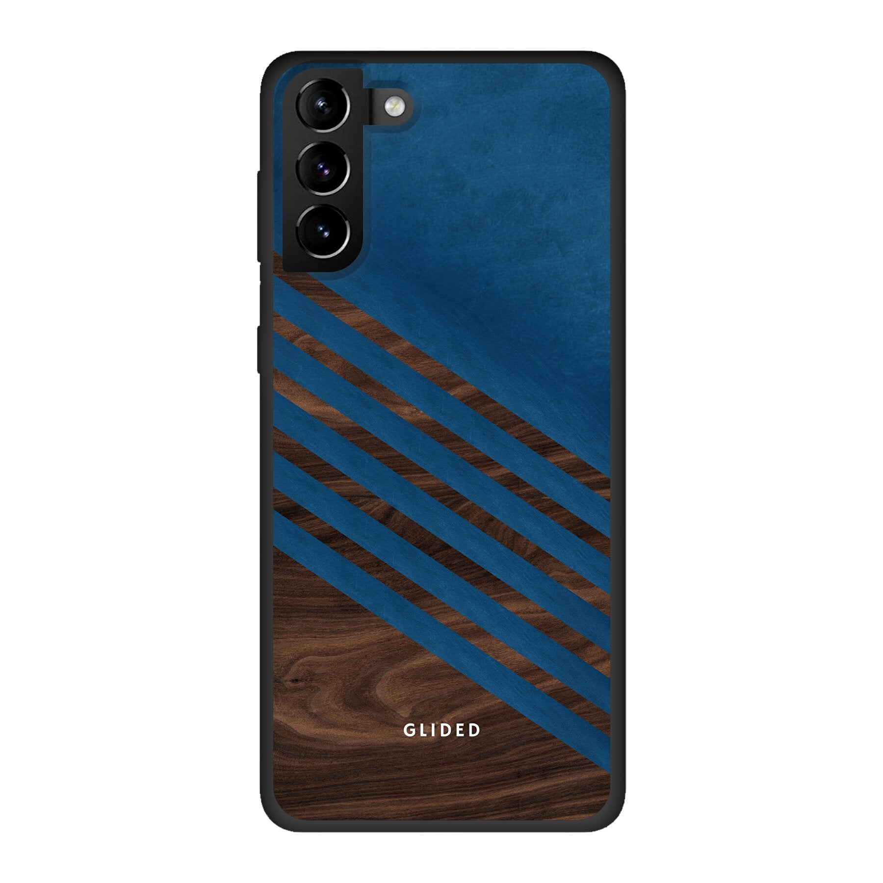 Blue Wood Handyhülle für Samsung Galaxy S21 Plus 5G mit klassischem Holzmuster und dunkelblauem Farbblock, stilvoll und schützend.