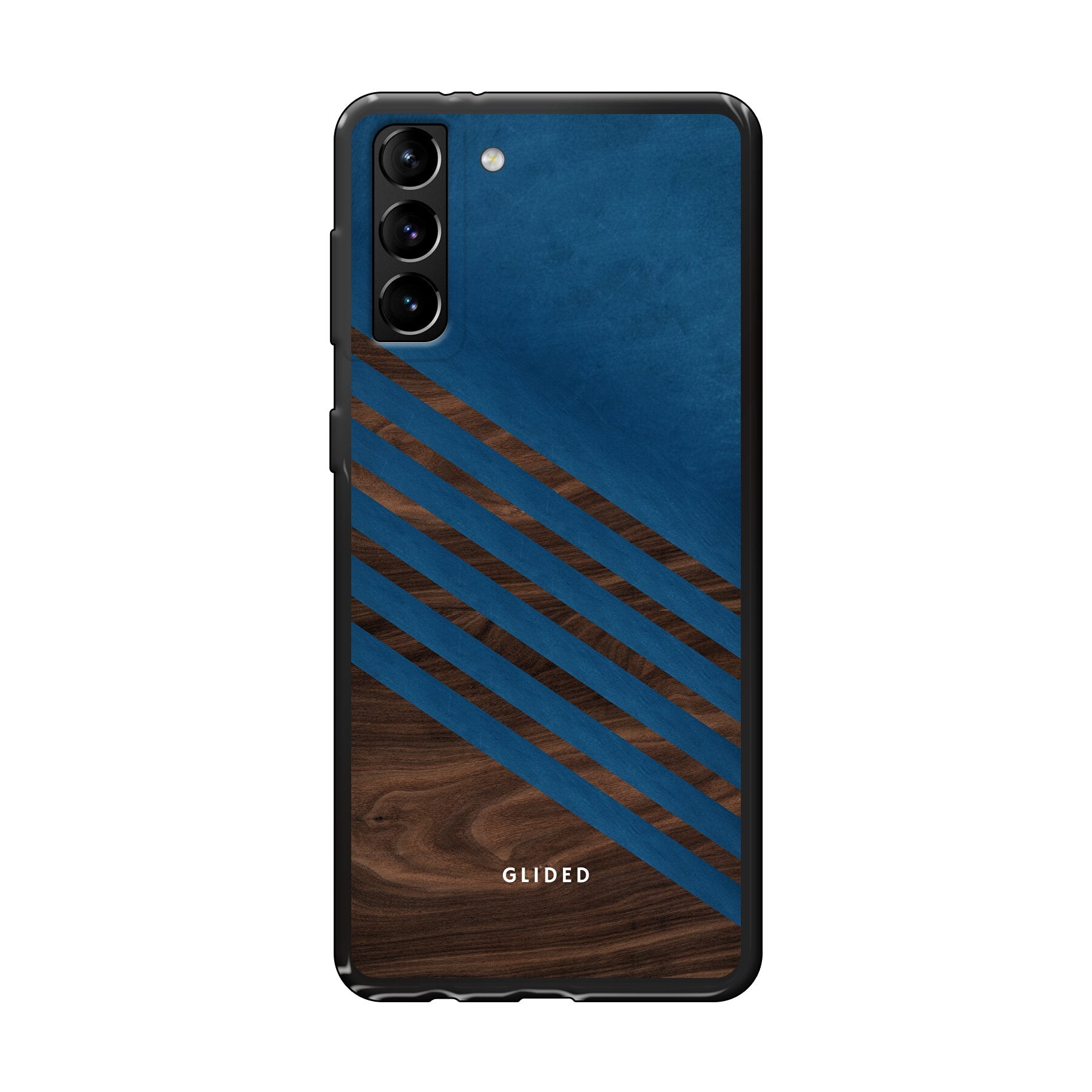 Blue Wood Handyhülle für Samsung Galaxy S21 Plus 5G mit klassischem Holzmuster und dunkelblauem Farbblock, stilvoll und schützend.