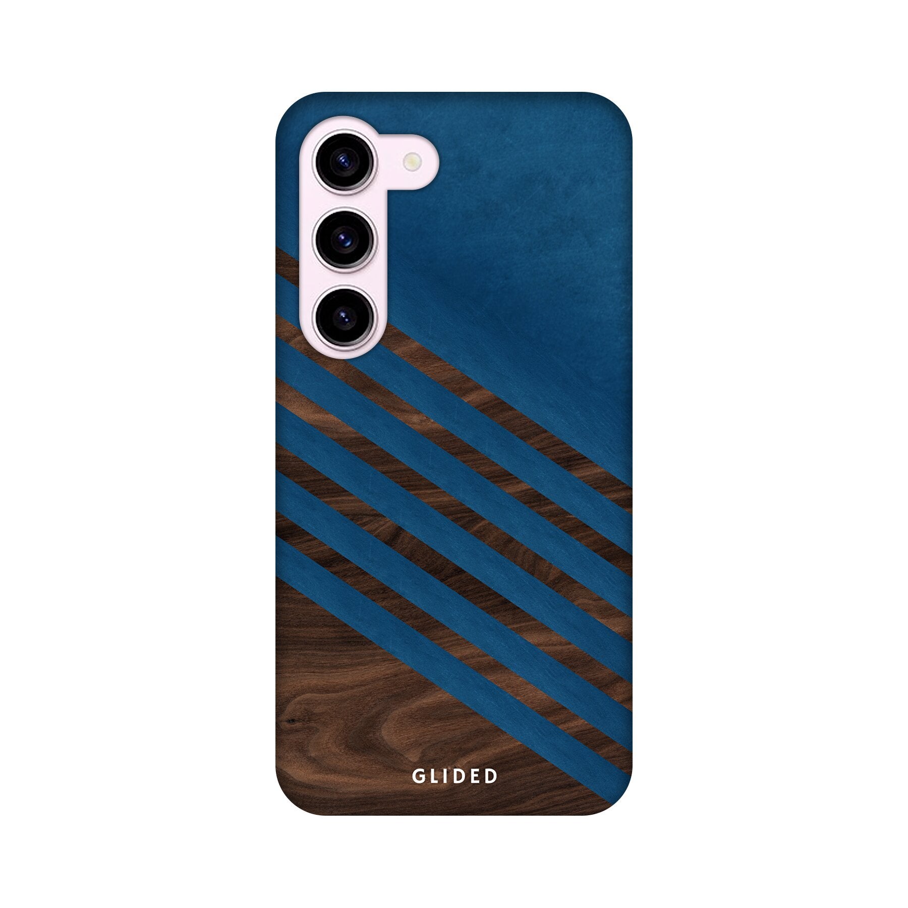 Die 'Blue Wood' Handyhülle für Samsung Galaxy S23 mit klassischem Holzmuster und dunkelblauem Farbblock, stilvoll und schützend.