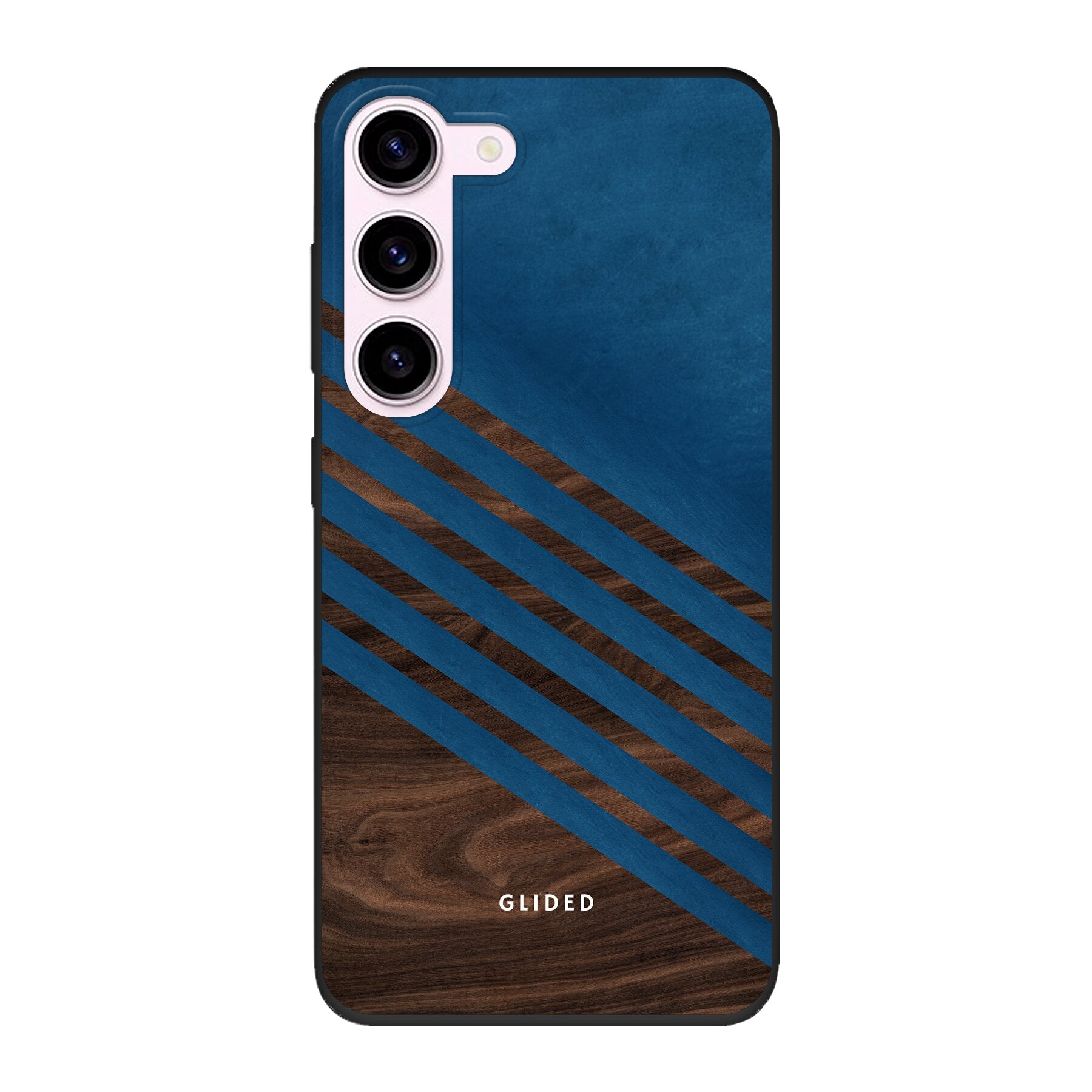 Die 'Blue Wood' Handyhülle für Samsung Galaxy S23 mit klassischem Holzmuster und dunkelblauem Farbblock, stilvoll und schützend.