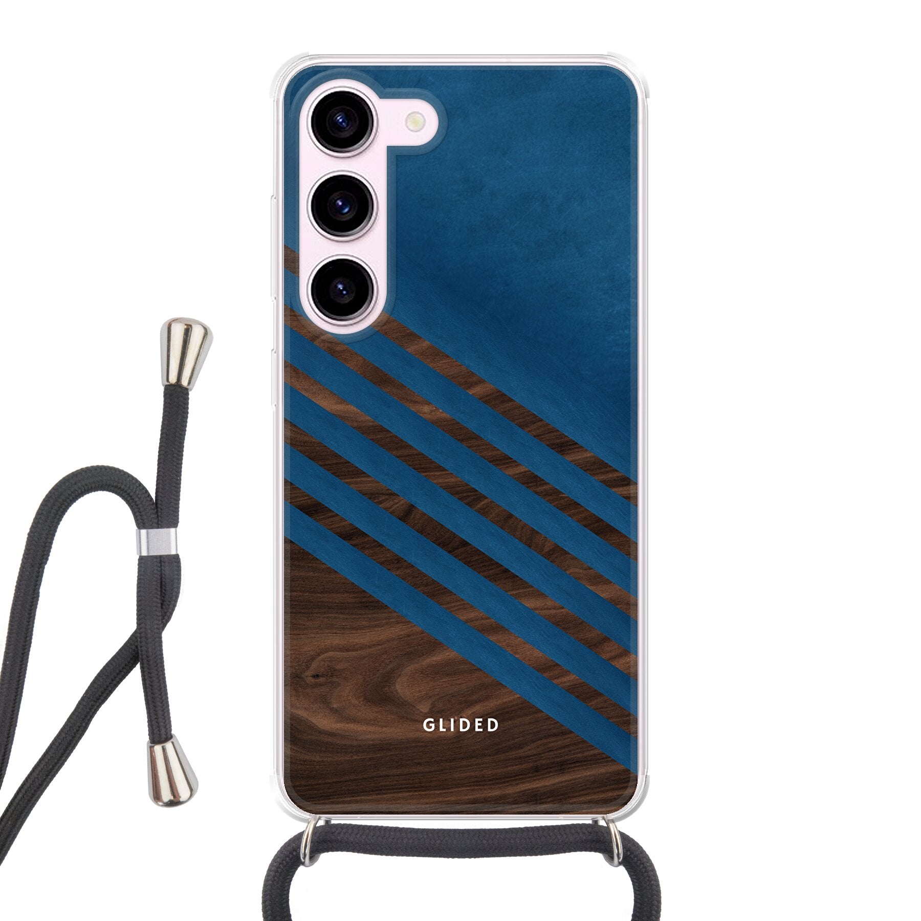 Die 'Blue Wood' Handyhülle für Samsung Galaxy S23 mit klassischem Holzmuster und dunkelblauem Farbblock, stilvoll und schützend.