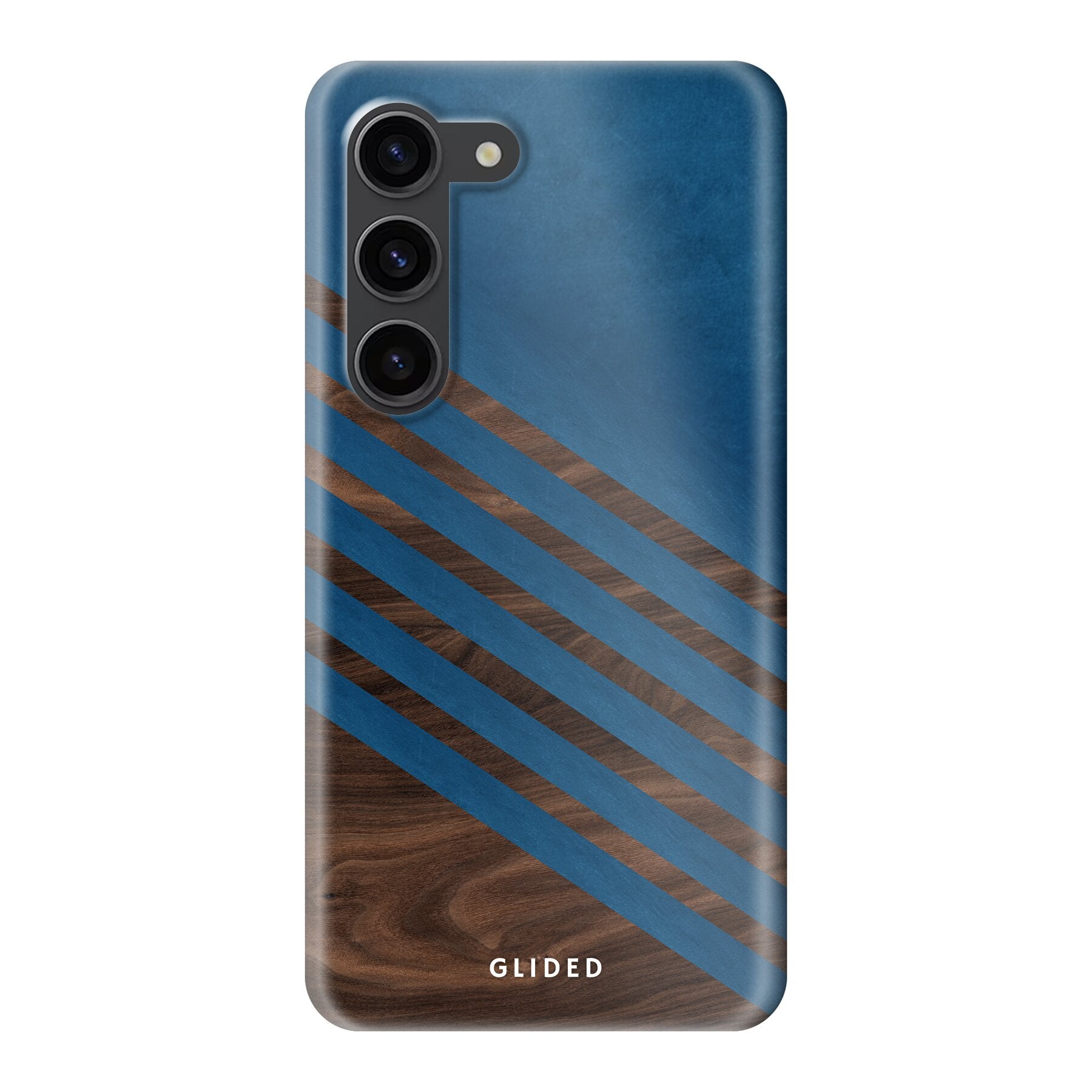 Die 'Blue Wood' Handyhülle für Samsung Galaxy S23 mit klassischem Holzmuster und dunkelblauem Farbblock, stilvoll und schützend.