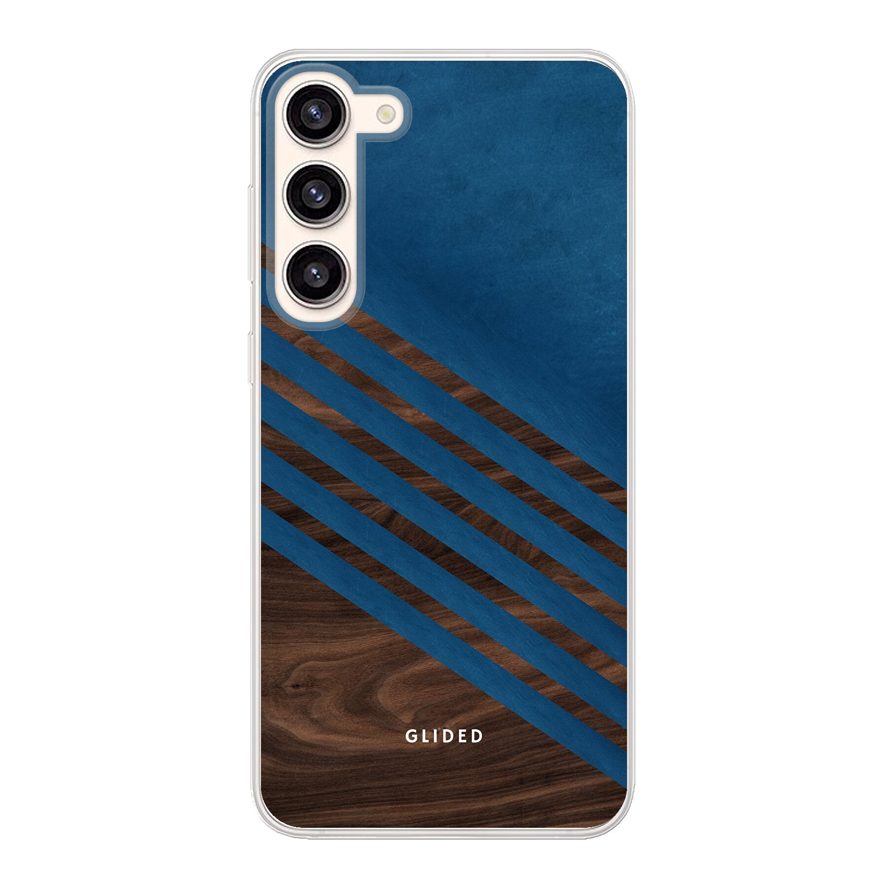 Blue Wood Handyhülle für Samsung Galaxy S23 Plus mit klassischem Holzmuster und dunkelblauem Farbblock, stilvoll und schützend.