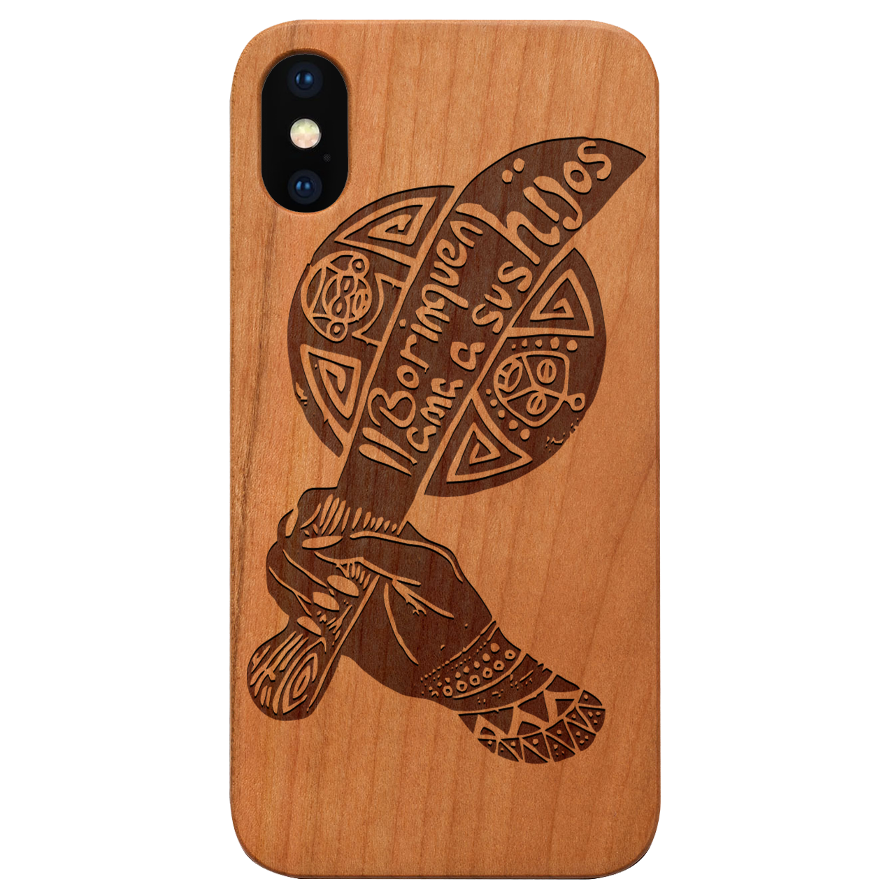 Borinquen - Engraved wooden phone case showcasing intricate laser-engraved designs and natural wood finish.