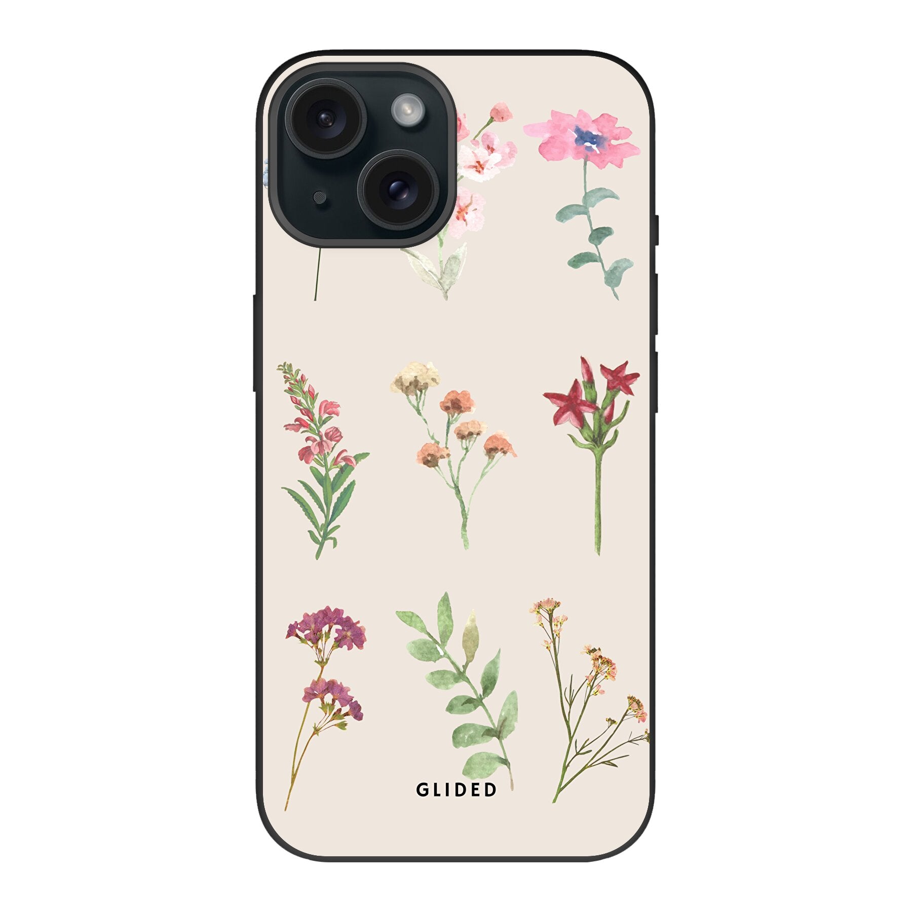 Botanical Garden iPhone 15 Handyhülle mit lebendigen Blumenmotiven und elegantem Design.