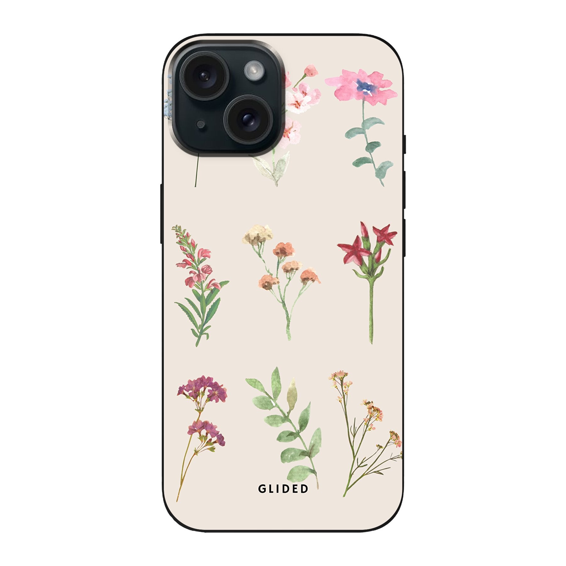 Botanical Garden iPhone 15 Handyhülle mit lebendigen Blumenmotiven und elegantem Design.
