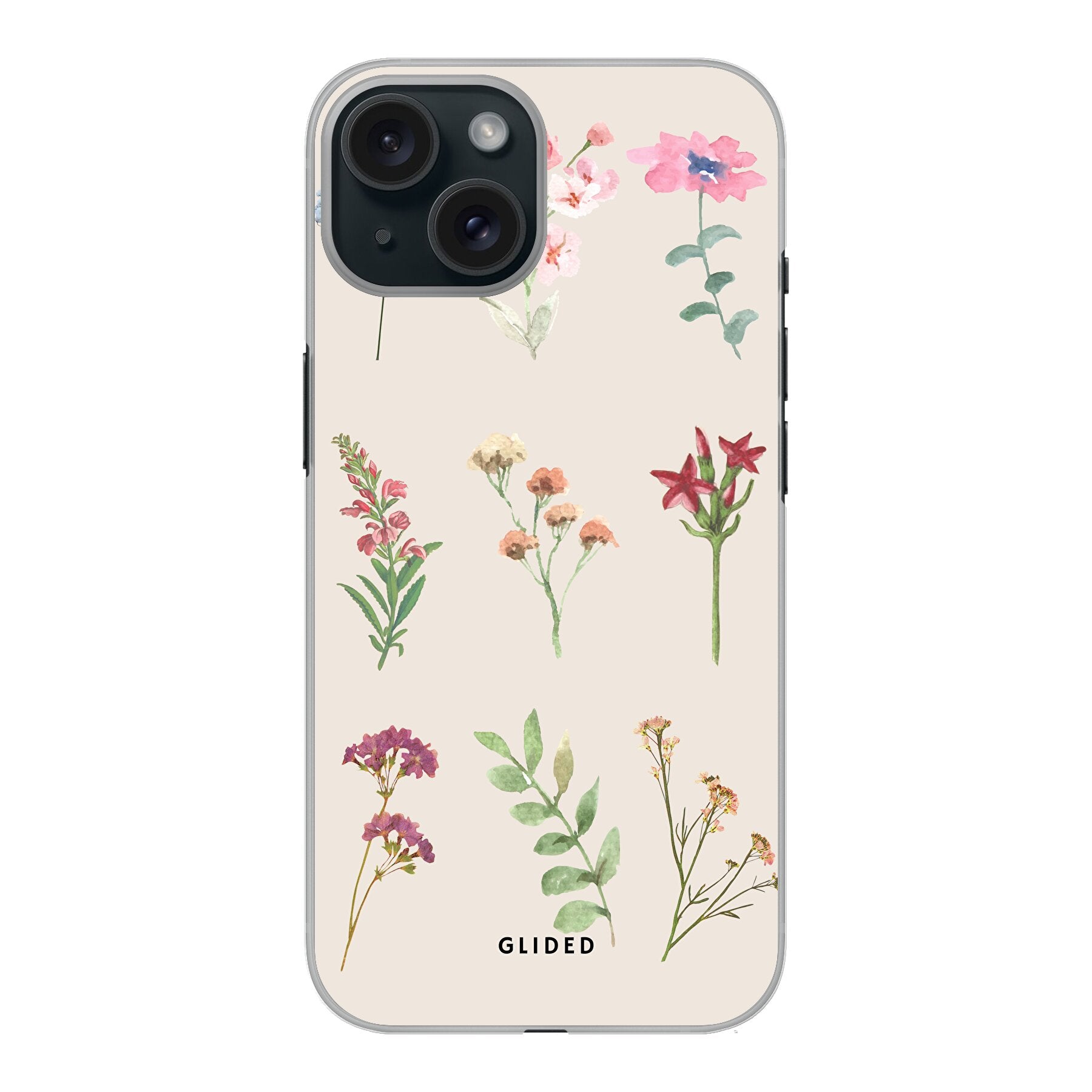 Botanical Garden iPhone 15 Handyhülle mit lebendigen Blumenmotiven und elegantem Design.