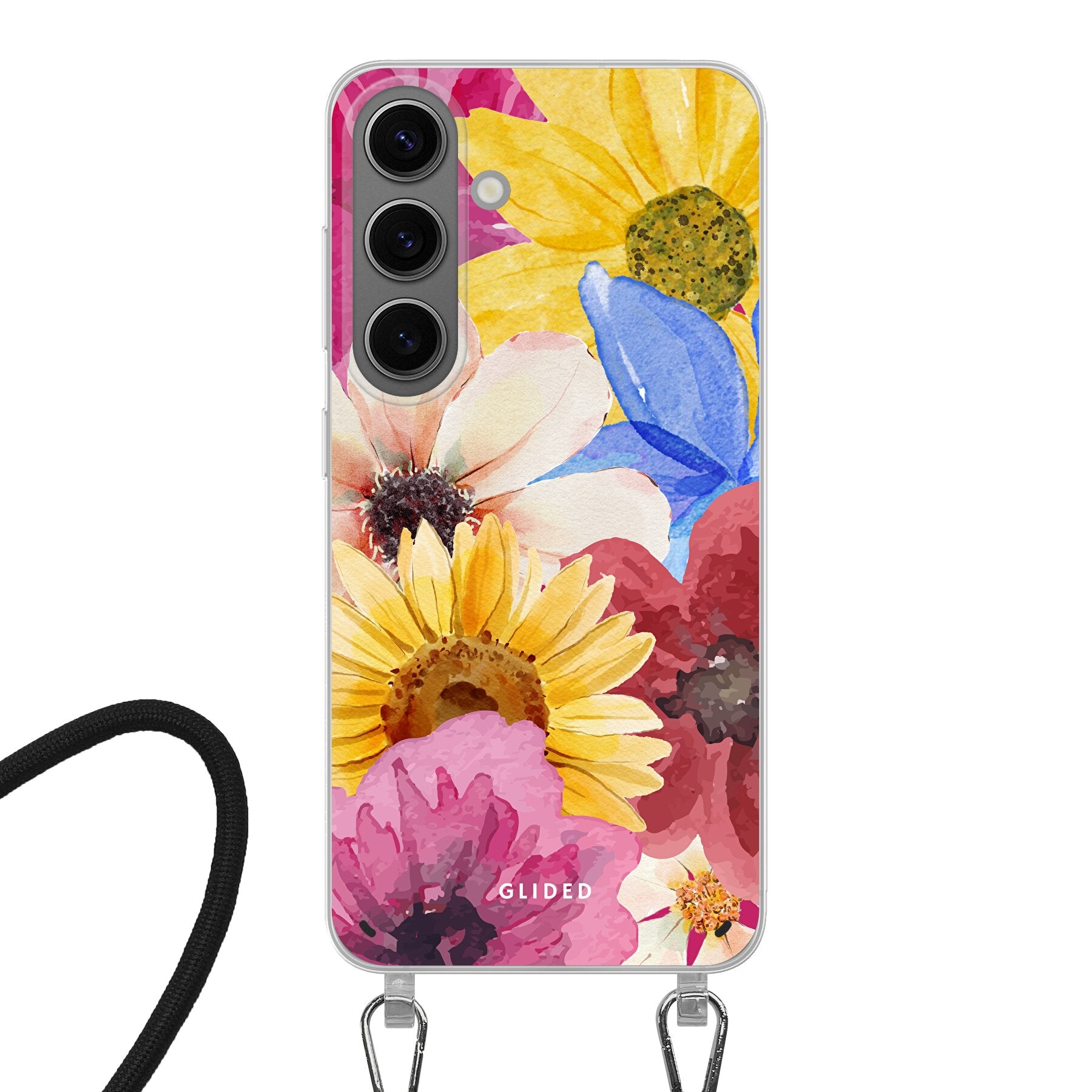 Bouquet Handyhülle für Samsung Galaxy S24 mit floralen Designs in lebendigen Farben, die Schutz und Stil vereint.