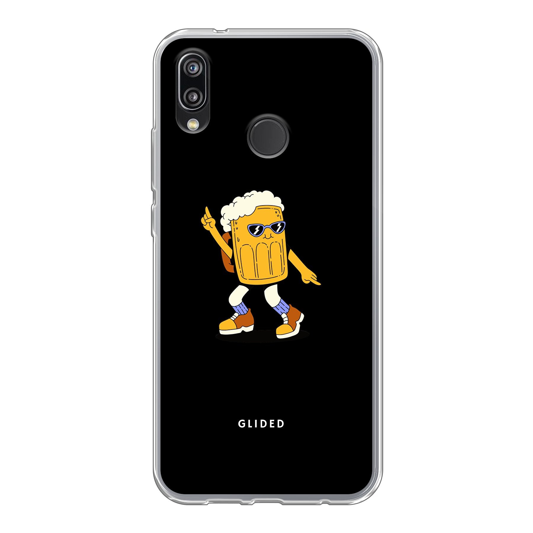 Brew Dance Huawei P20 Lite Handyhülle mit tanzendem Bier-Design auf lebhaftem Hintergrund, ideal für Bierliebhaber.