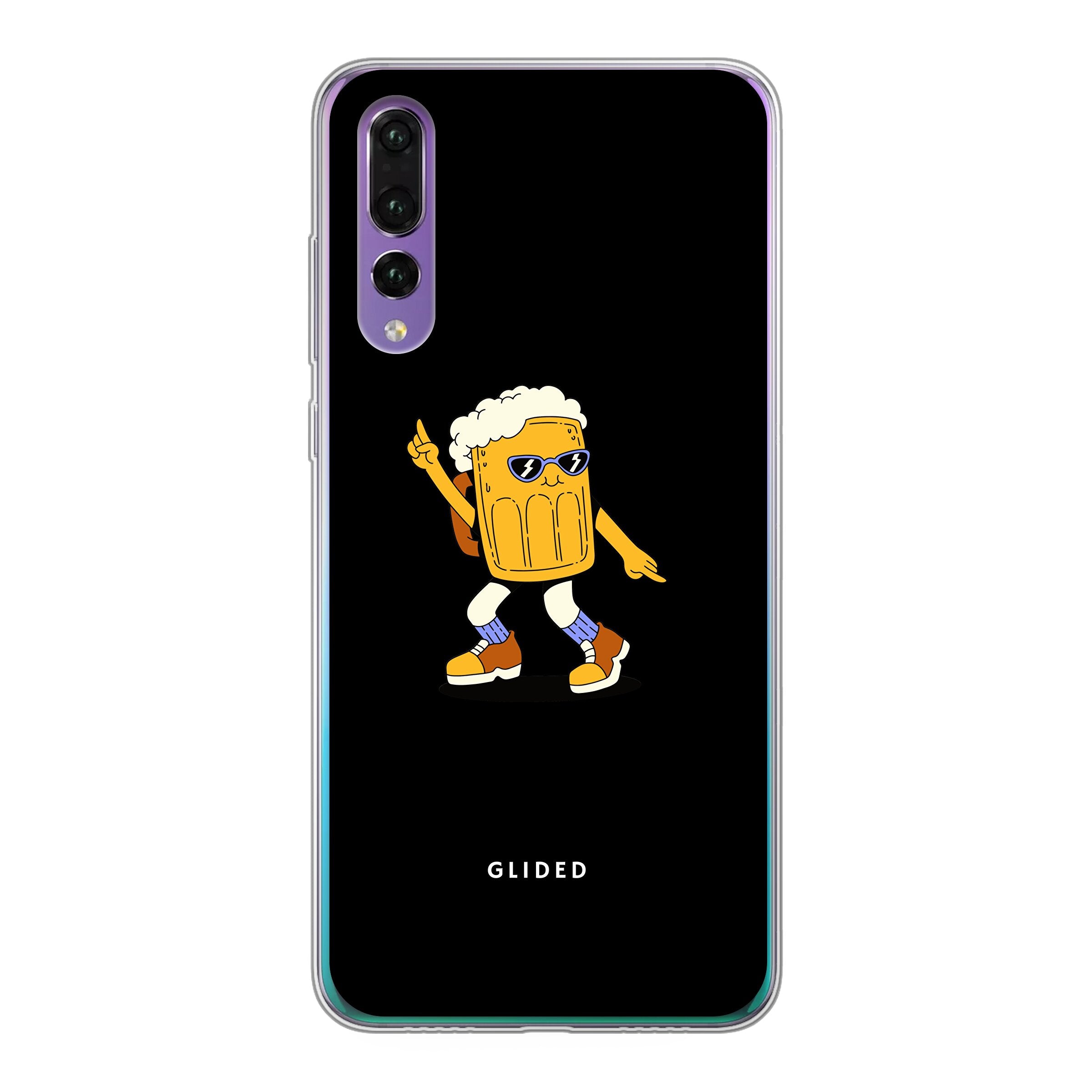 Brew Dance Huawei P30 Handyhülle mit fröhlichem tanzendem Bierdesign auf lebhaftem Hintergrund.