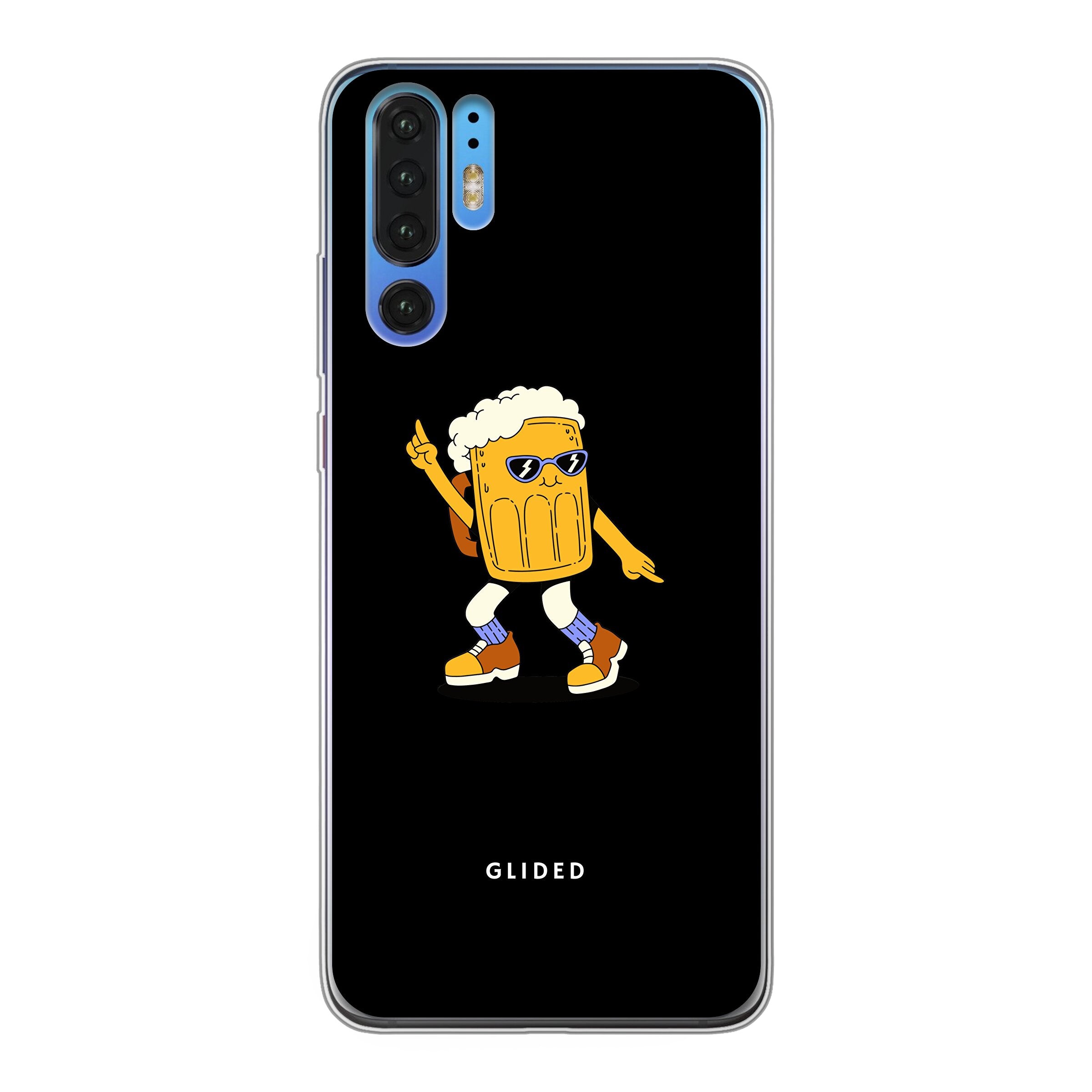 Brew Dance Huawei P30 Pro Handyhülle mit tanzendem Bier-Design auf lebhaftem Hintergrund, ideal für Bierliebhaber.