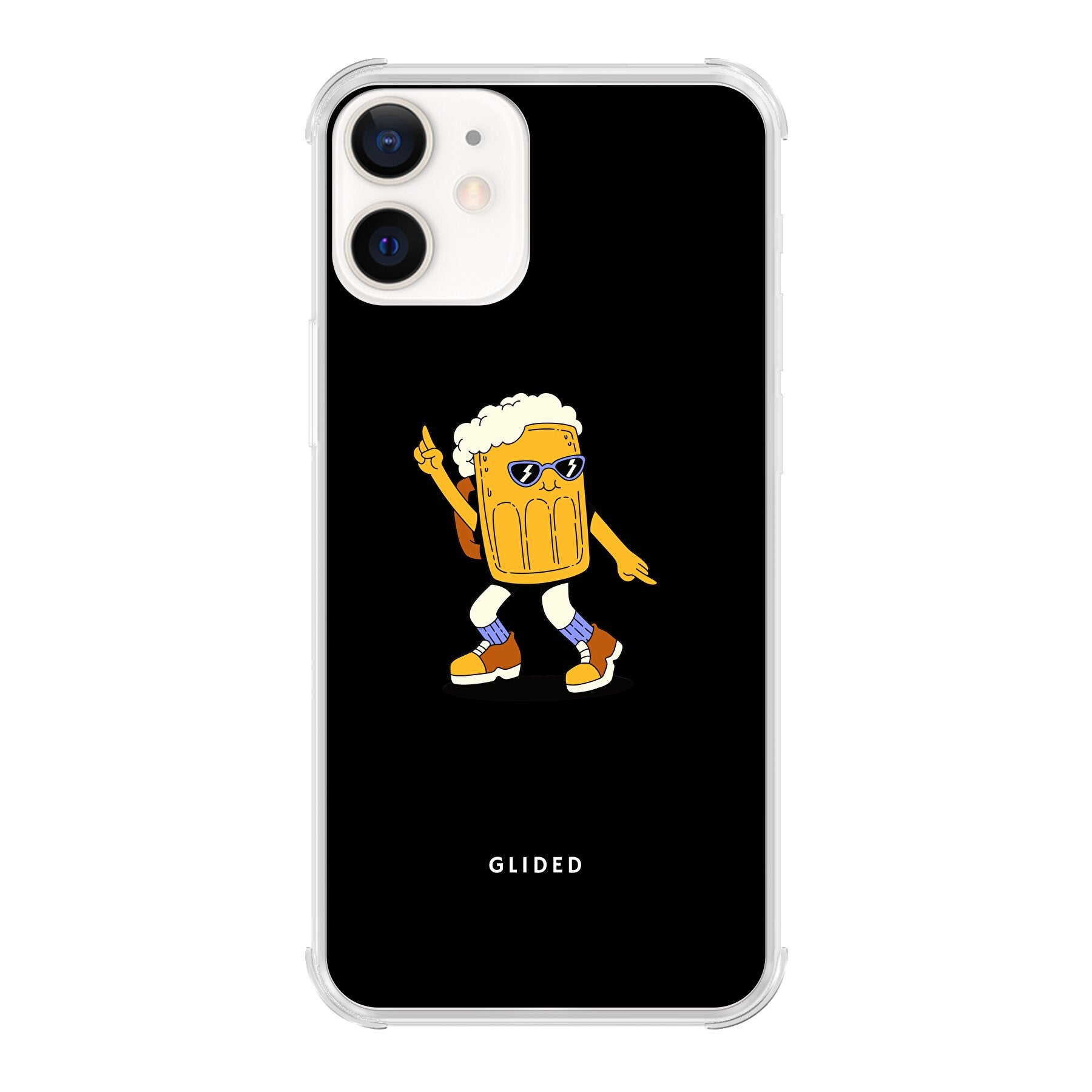 Brew Dance iPhone 12 Handyhülle mit fröhlichem tanzendem Bierdesign auf lebendigem Hintergrund.