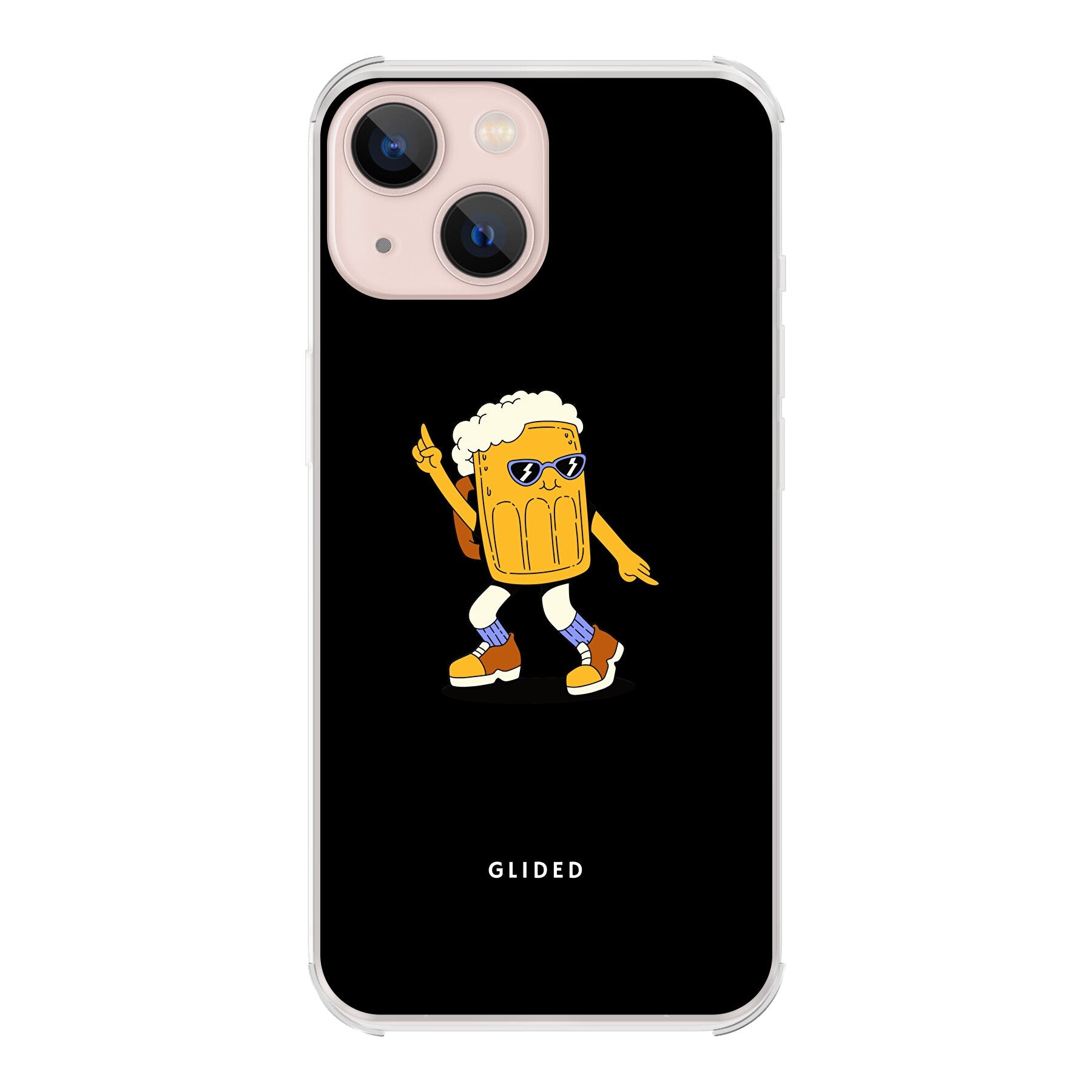 Brew Dance iPhone 13 Handyhülle mit fröhlichem tanzendem Bierdesign auf lebhaftem Hintergrund.