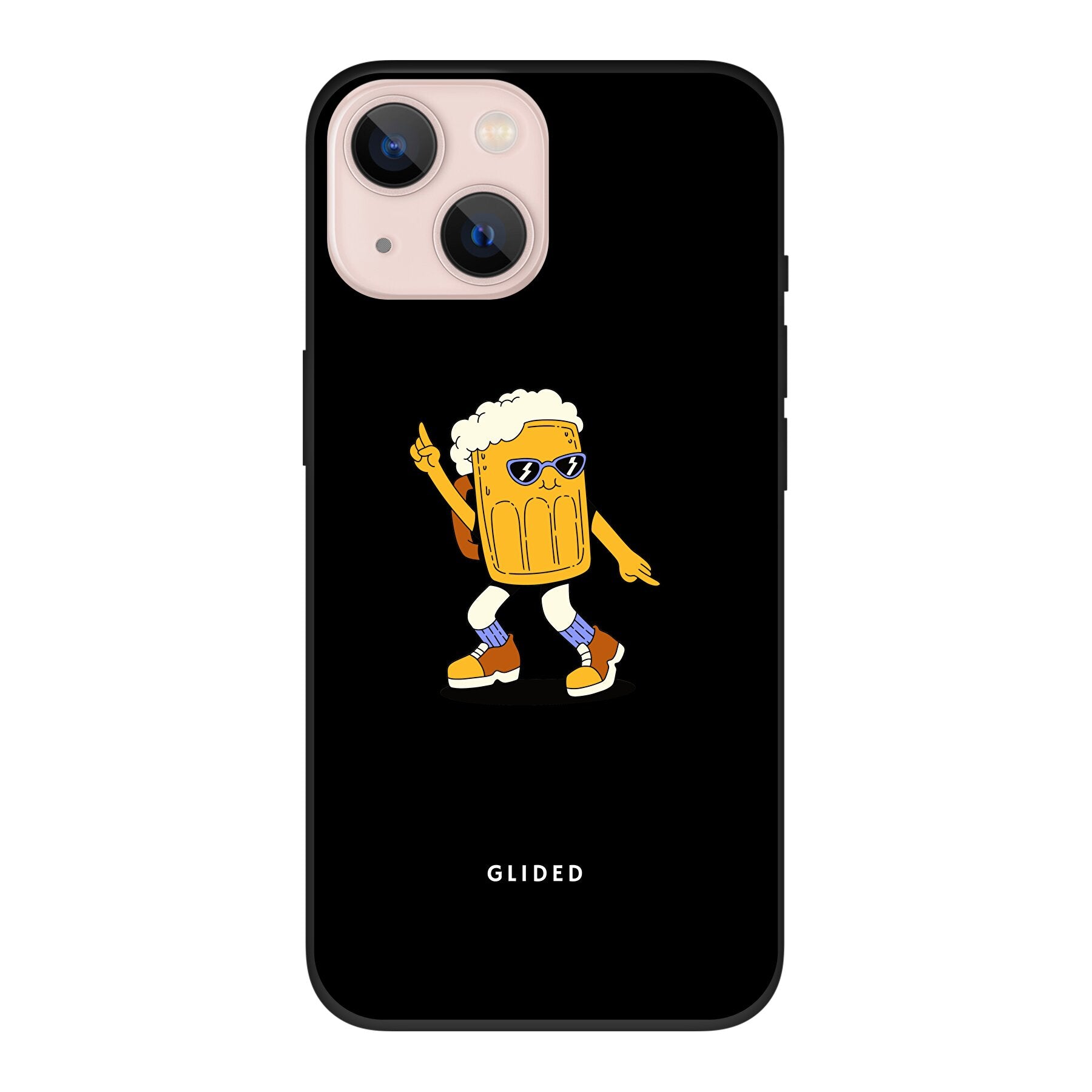 Brew Dance iPhone 13 Handyhülle mit fröhlichem tanzendem Bierdesign auf lebhaftem Hintergrund.