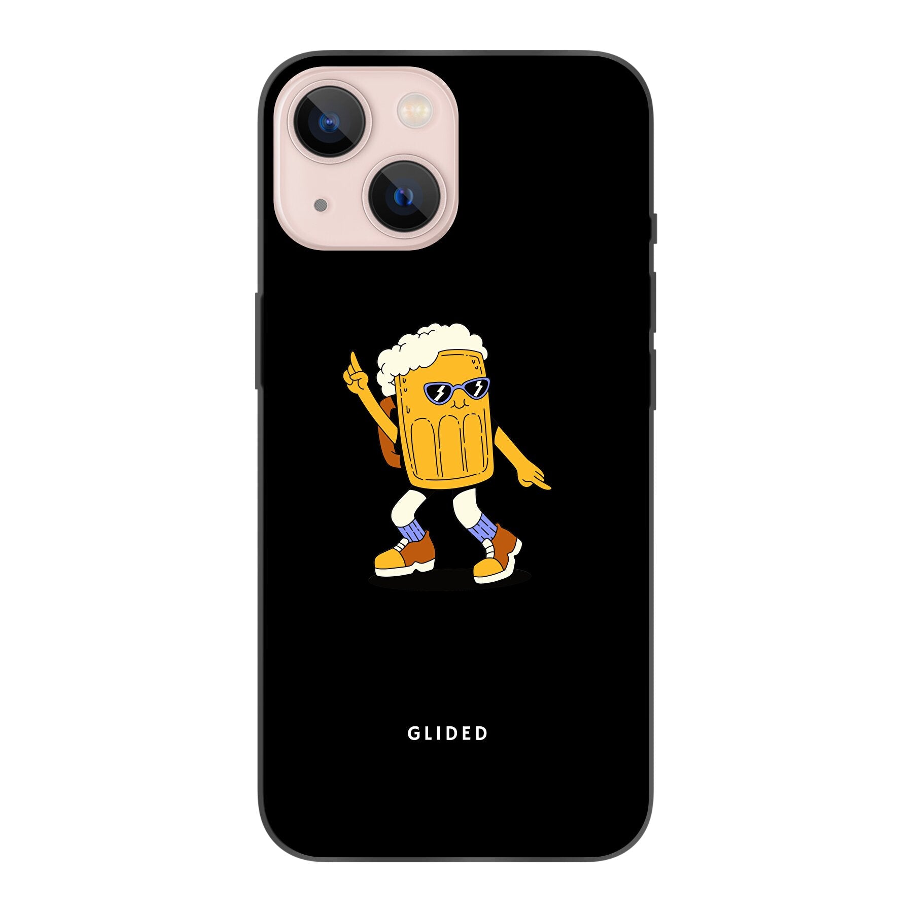 Brew Dance iPhone 13 Handyhülle mit fröhlichem tanzendem Bierdesign auf lebhaftem Hintergrund.